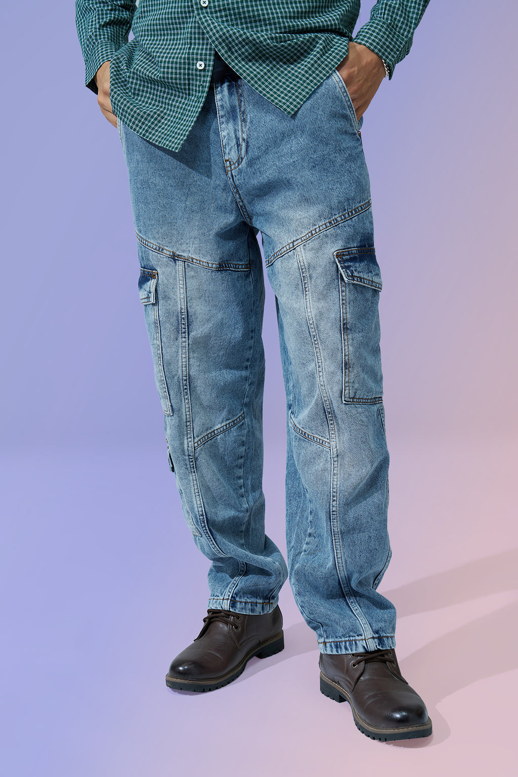 Medium Blue Solid Barrel Fit Jeans for Men - Image 1