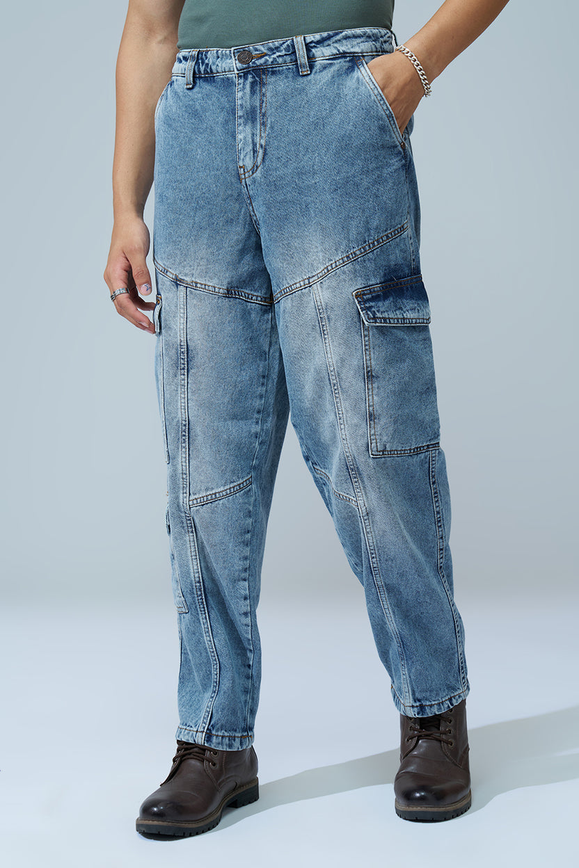 Medium Blue Solid Barrel Fit Jeans for Men - Image 2