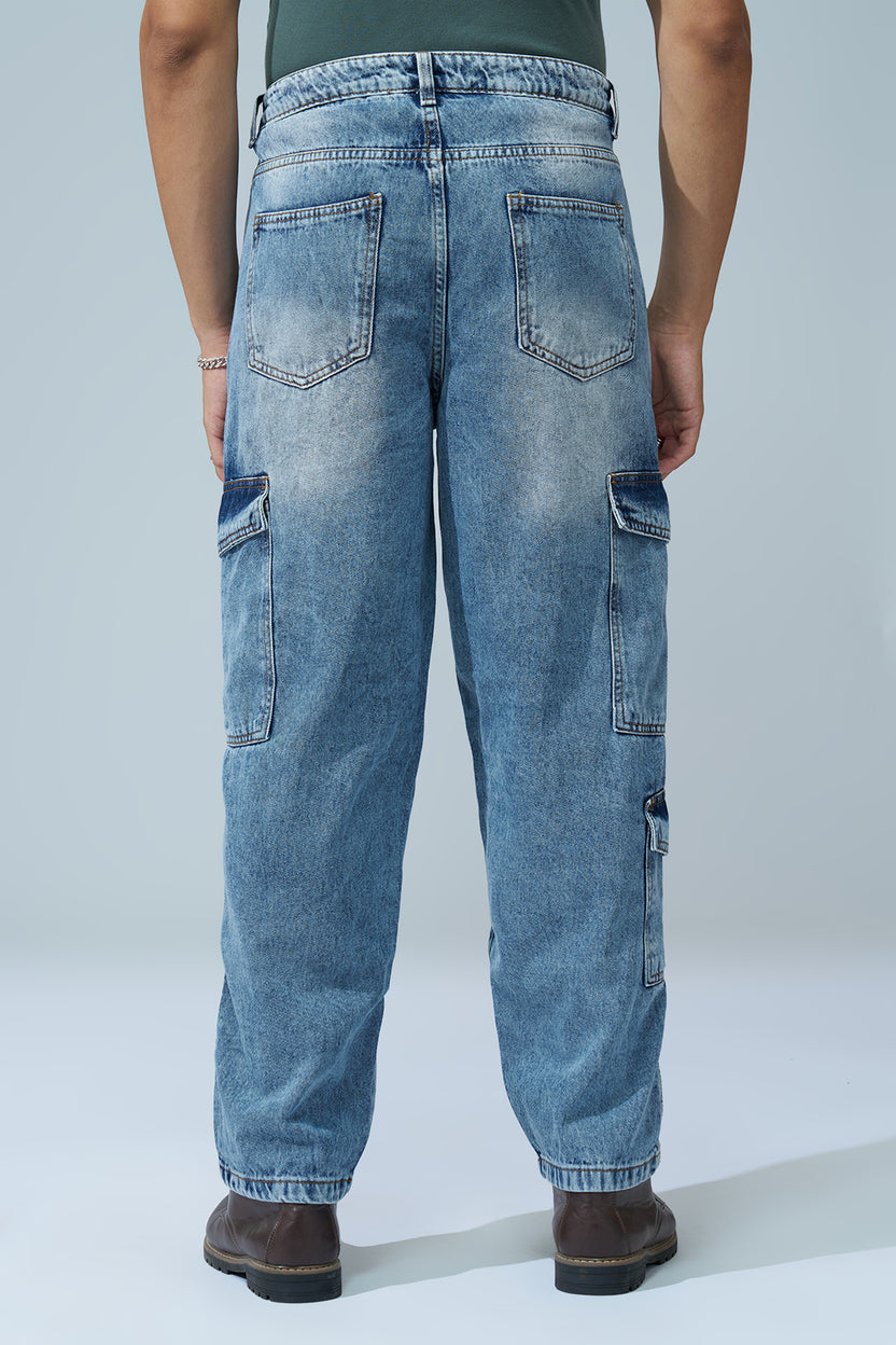 Medium Blue Solid Barrel Fit Jeans for Men - Image 5