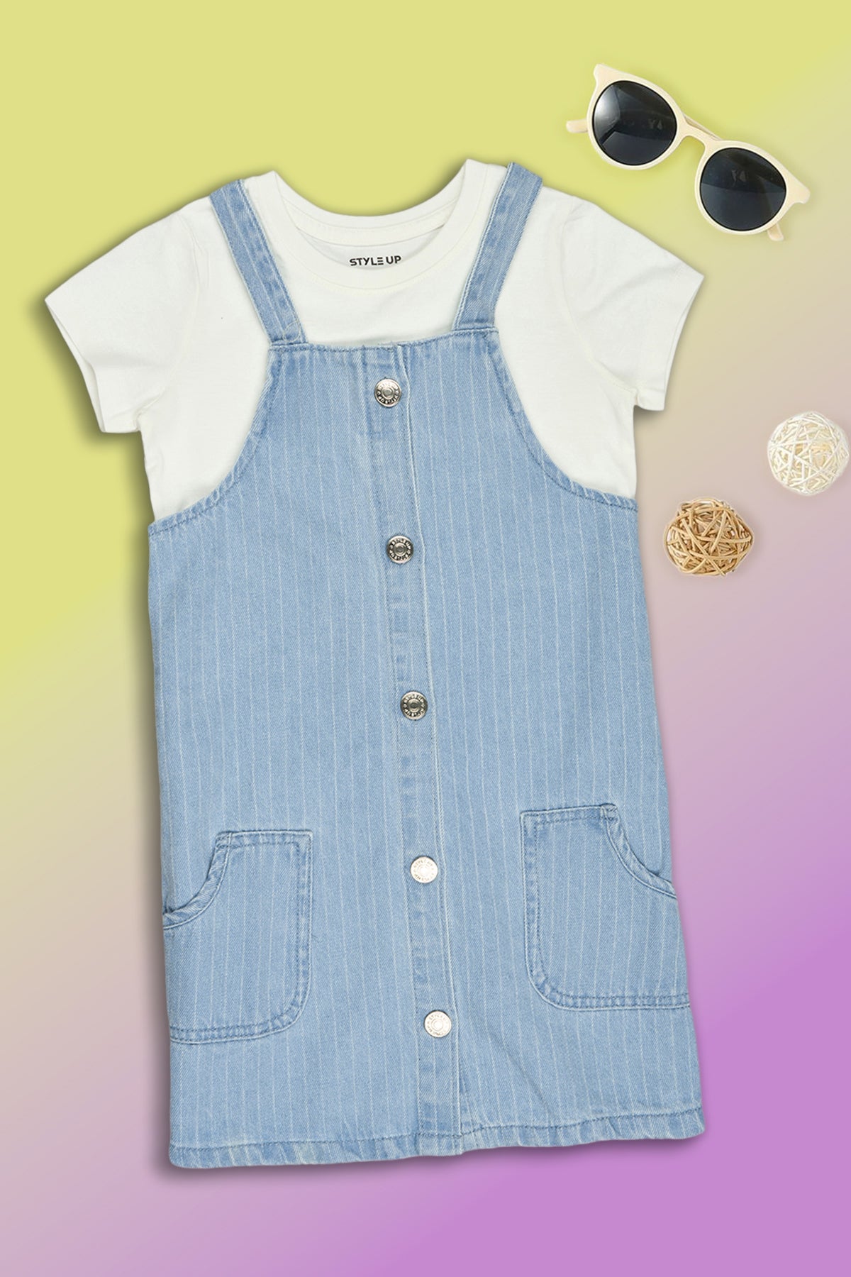 Light Blue Striped Regular Fit Dungaree With T-Shirt for Girls - Image 1