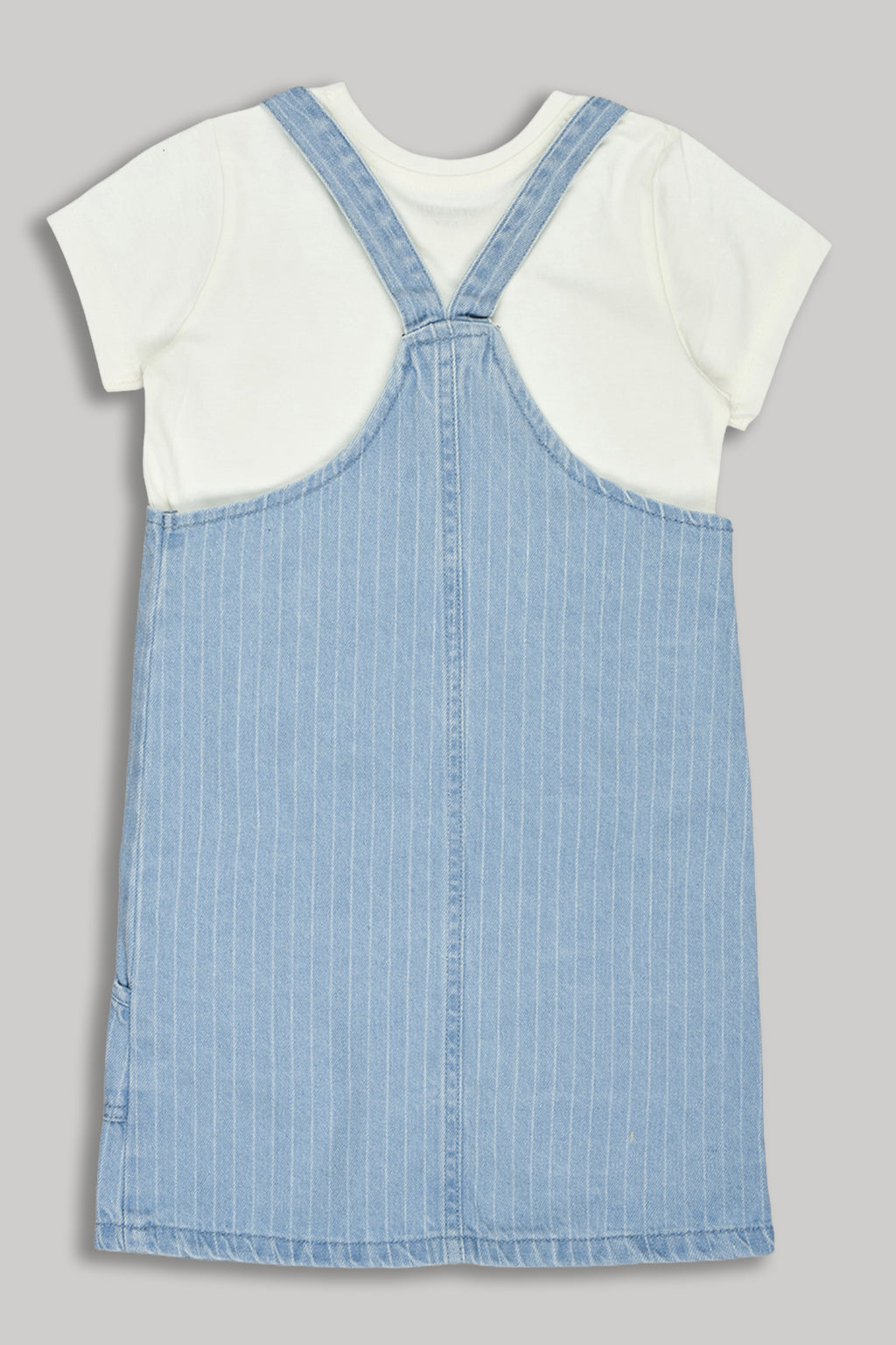 Light Blue Striped Regular Fit Dungaree With T-Shirt for Girls - Image 2