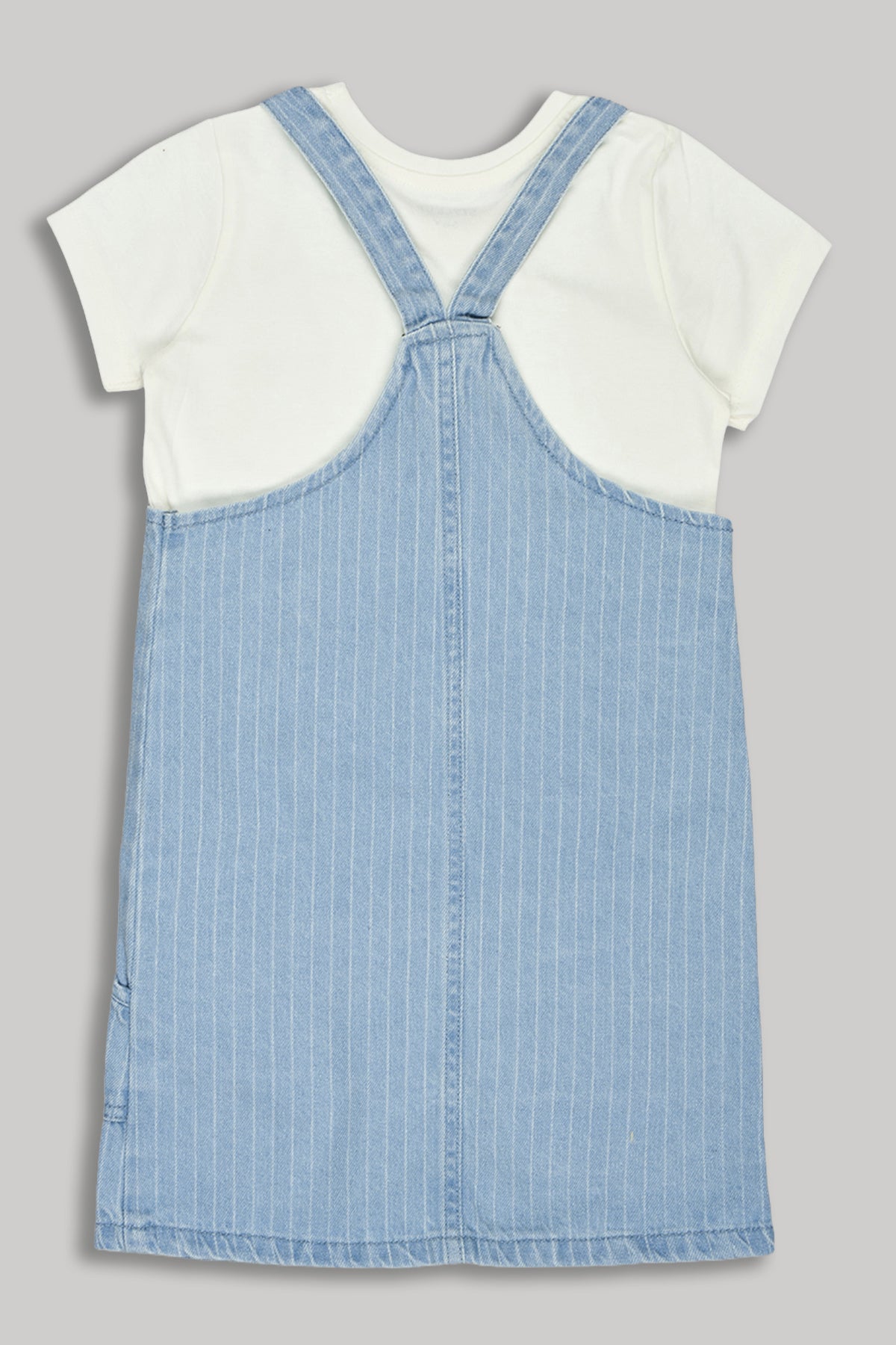 Light Blue Striped Regular Fit Dungaree With T-Shirt for Girls - Image 2