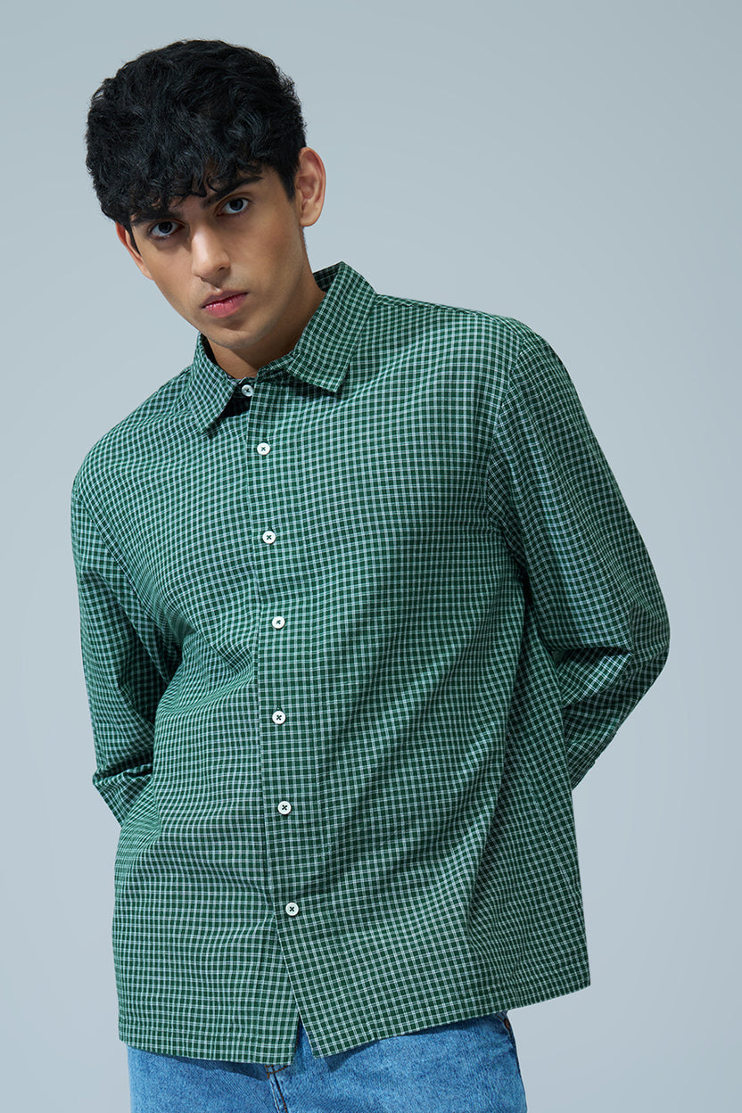 Green Checked Oversized Fit Shirt For Men - Image 2