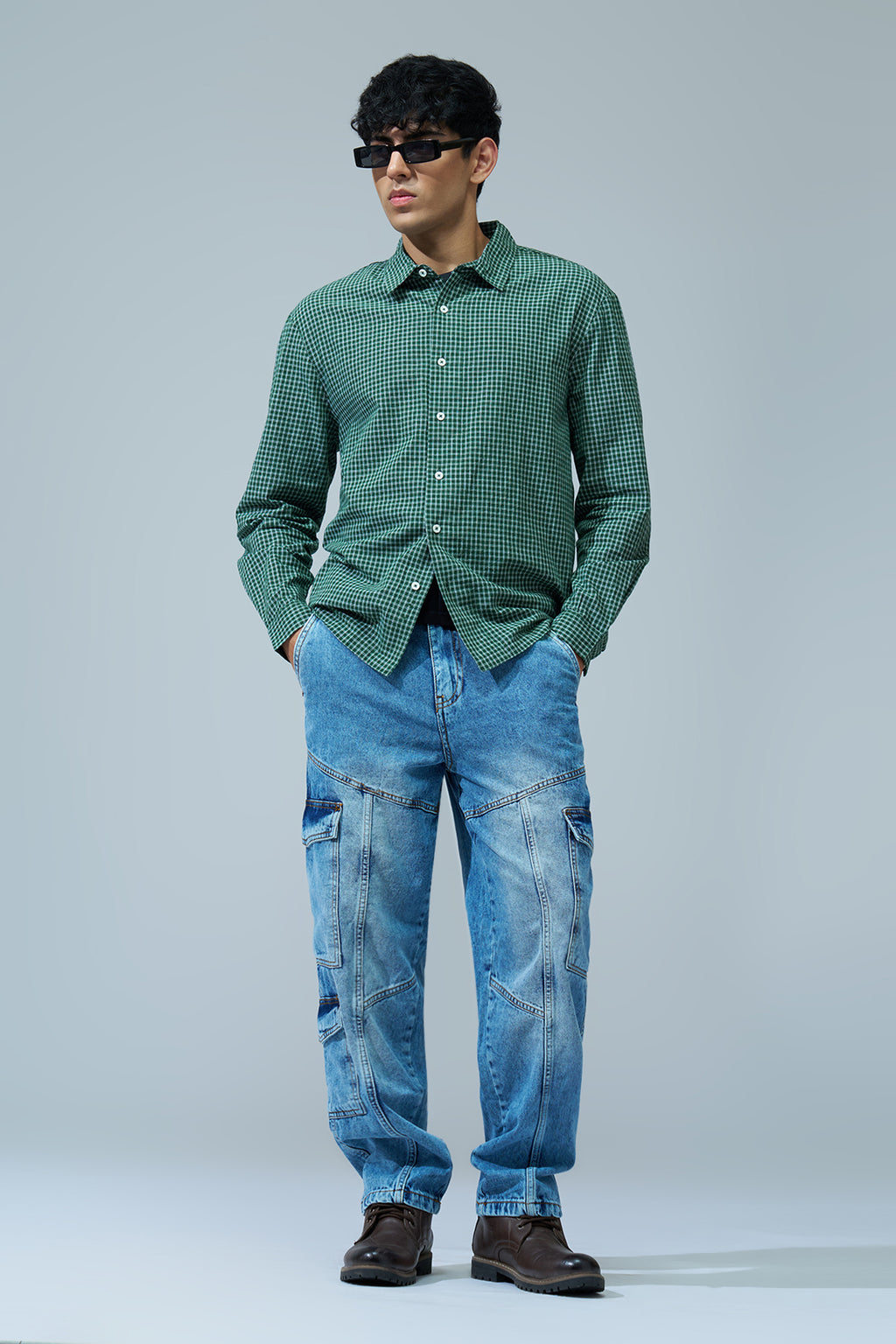 Green Checked Oversized Fit Shirt For Men - Image 6