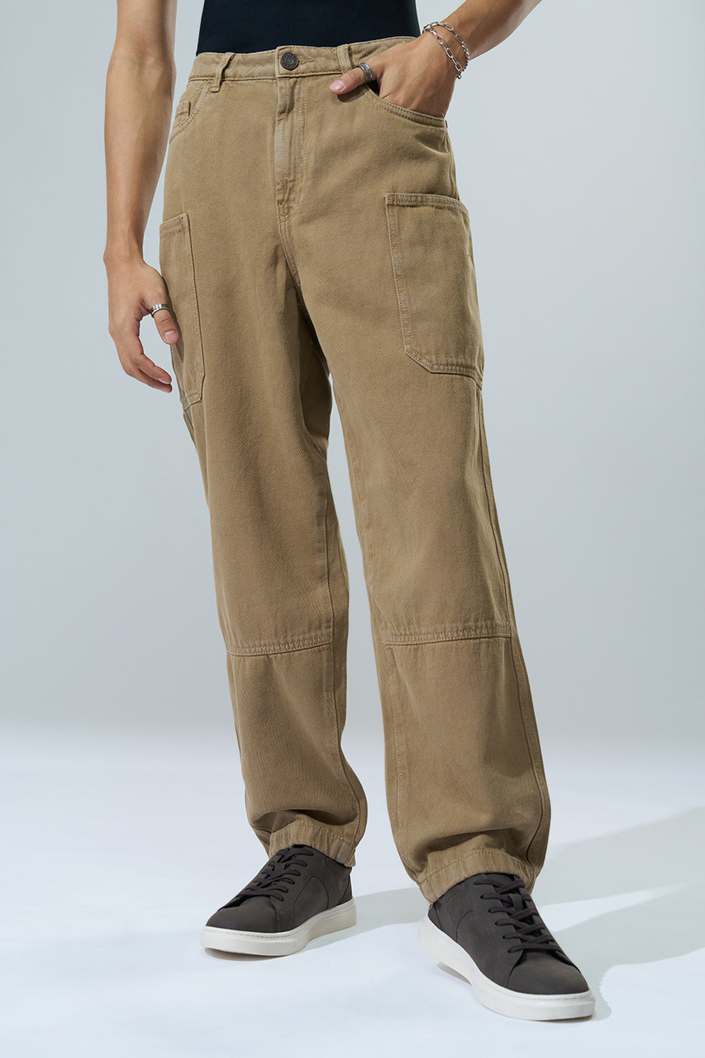 Beige Solid Carpenter Fit Jeans for Men - Image 2