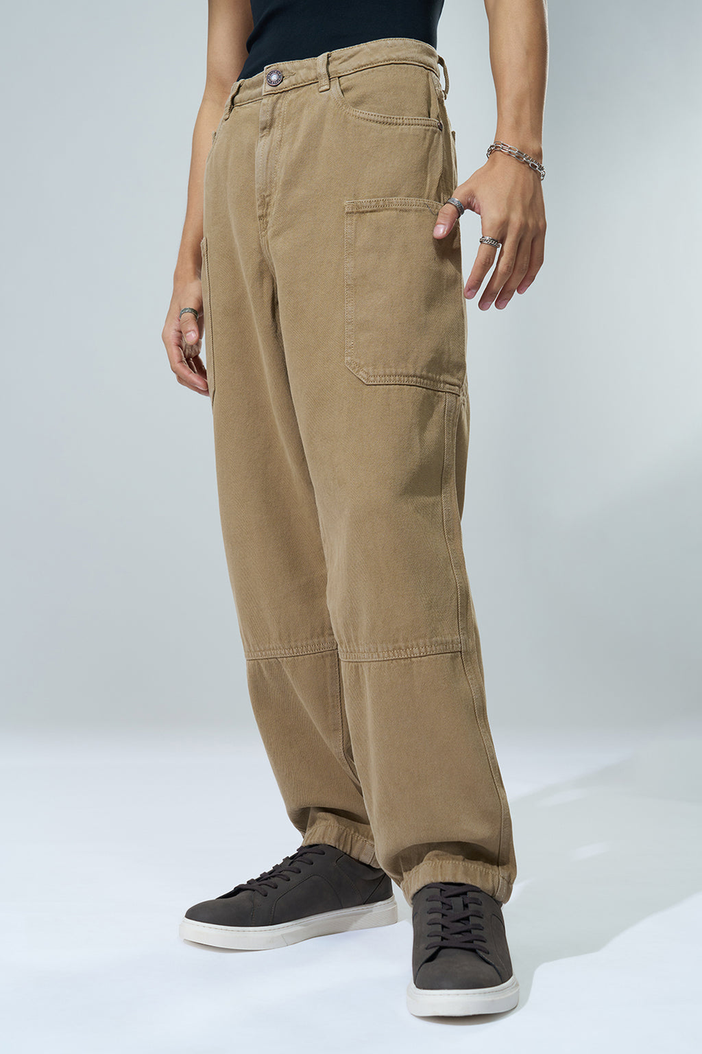 Beige Solid Carpenter Fit Jeans for Men - Image 4