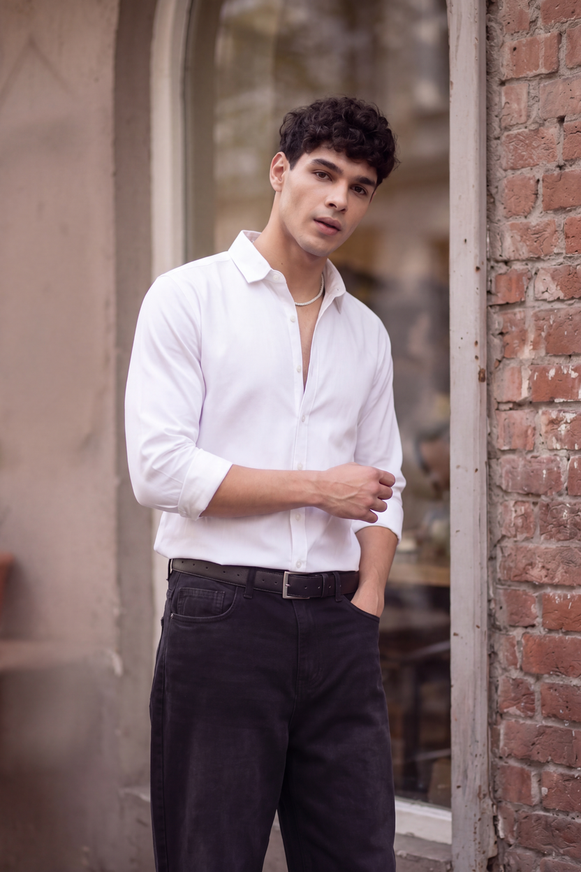 White Cotton Regular Fit Shirt For Men - Image 1