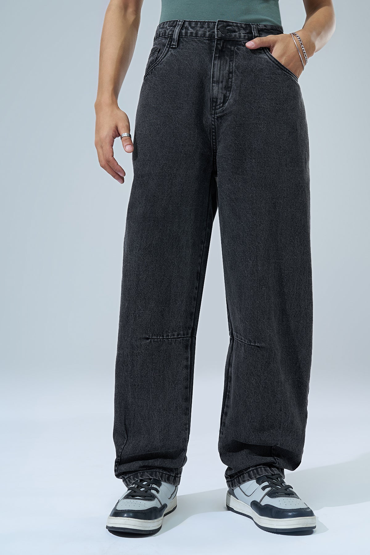 Black Washed Barrel Fit Jeans for Men - Image 3