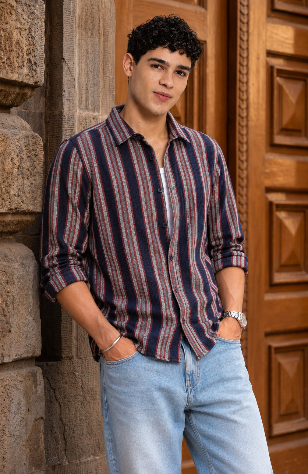 Navy Cotton Blend Regular Fit Shirt for Men - Image 1