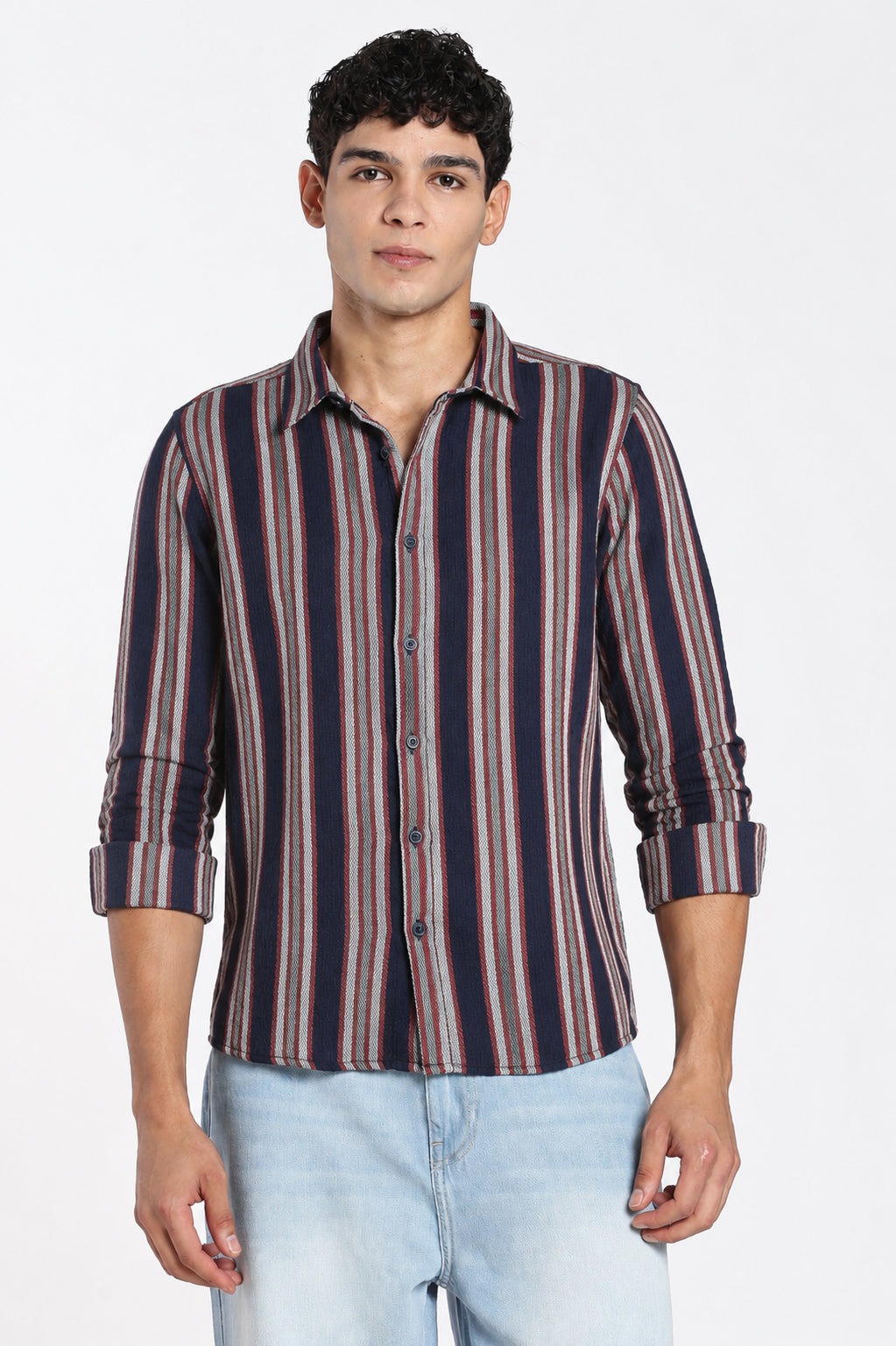 Navy Cotton Blend Regular Fit Shirt for Men - Image 2
