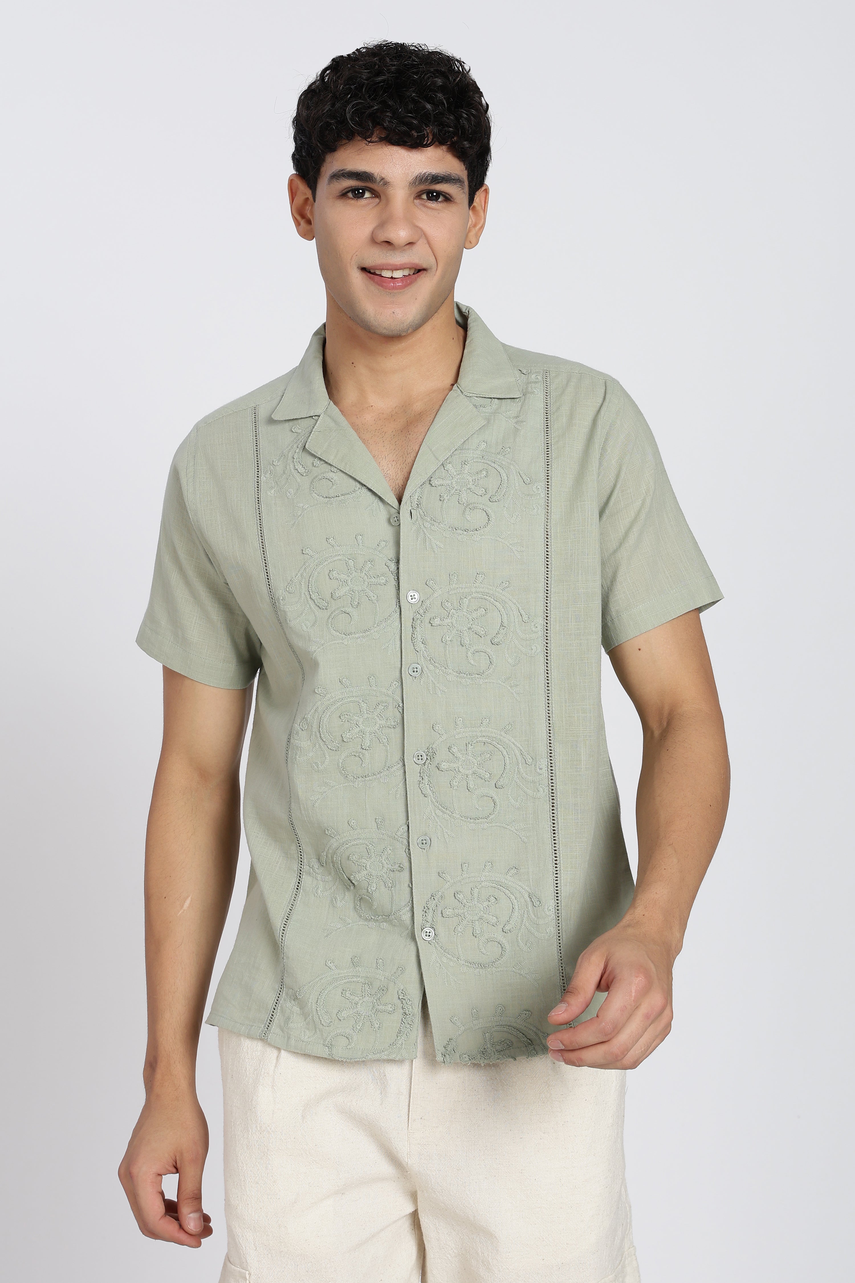 Light Green Embroidered Regular Fit Shirt for Men - Image 2