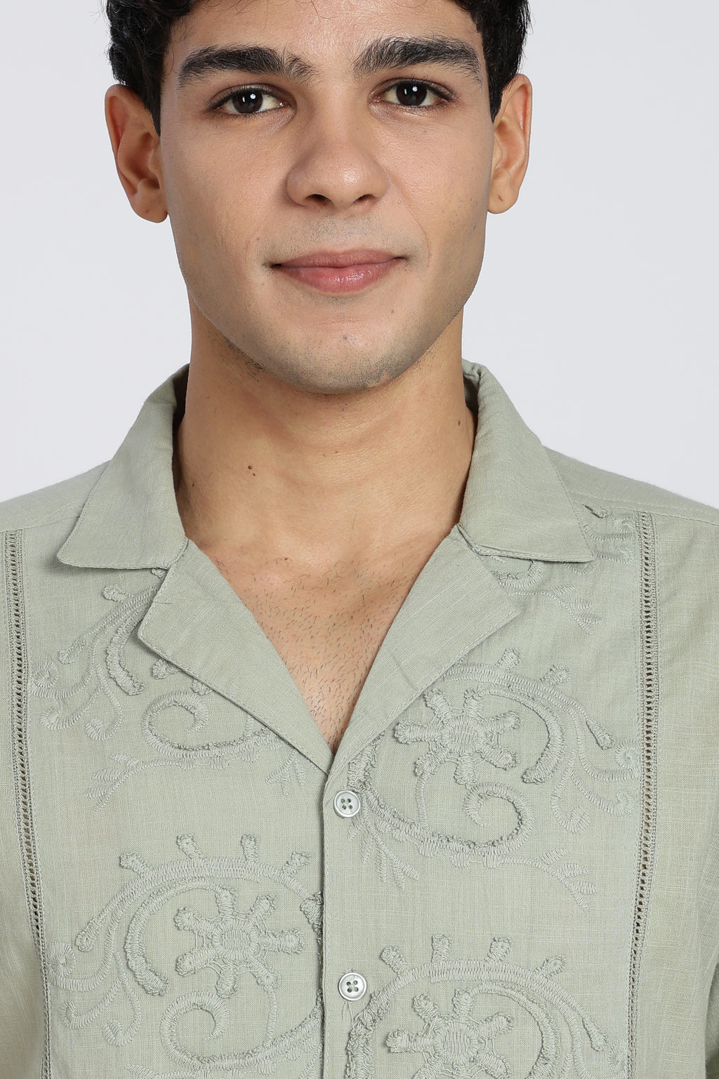 Light Green Embroidered Regular Fit Shirt for Men - Image 3