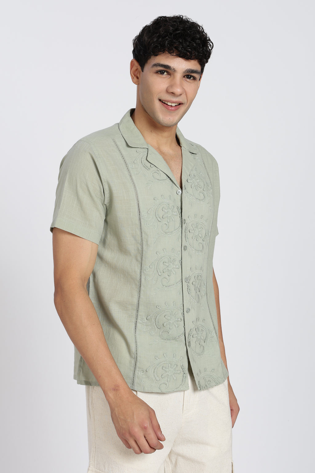 Light Green Embroidered Regular Fit Shirt for Men - Image 4