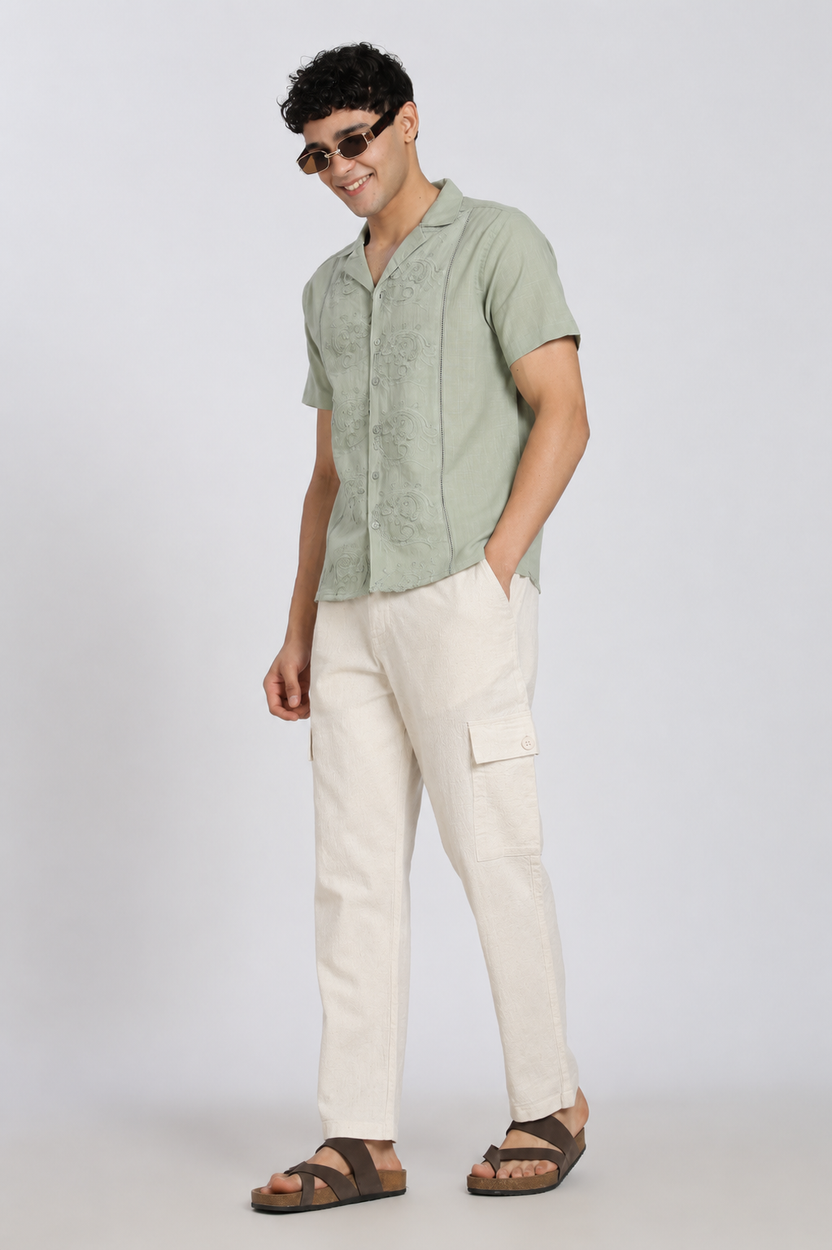 Light Green Embroidered Regular Fit Shirt for Men - Image 6