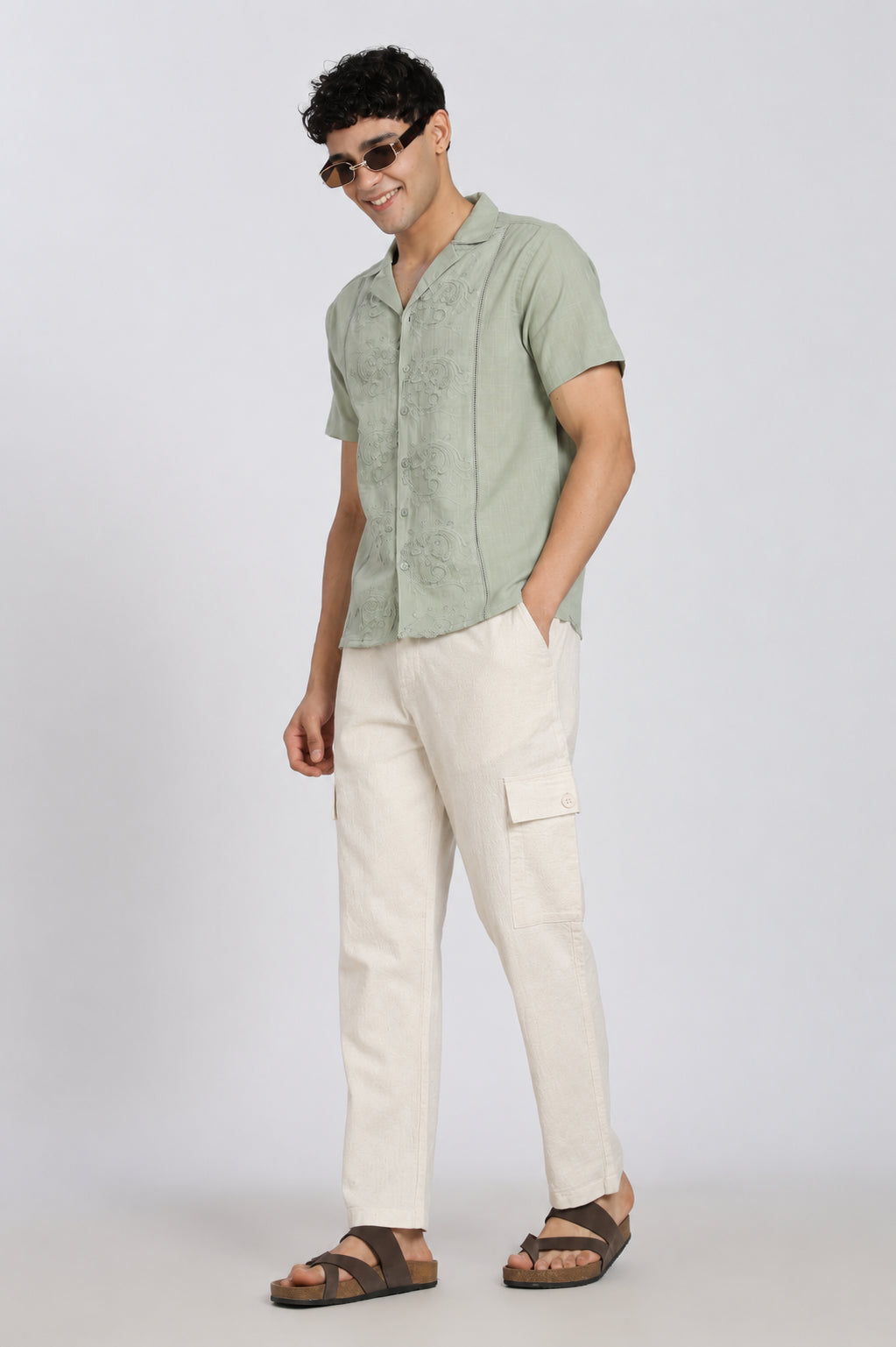 Light Green Embroidered Regular Fit Shirt for Men - Image 6