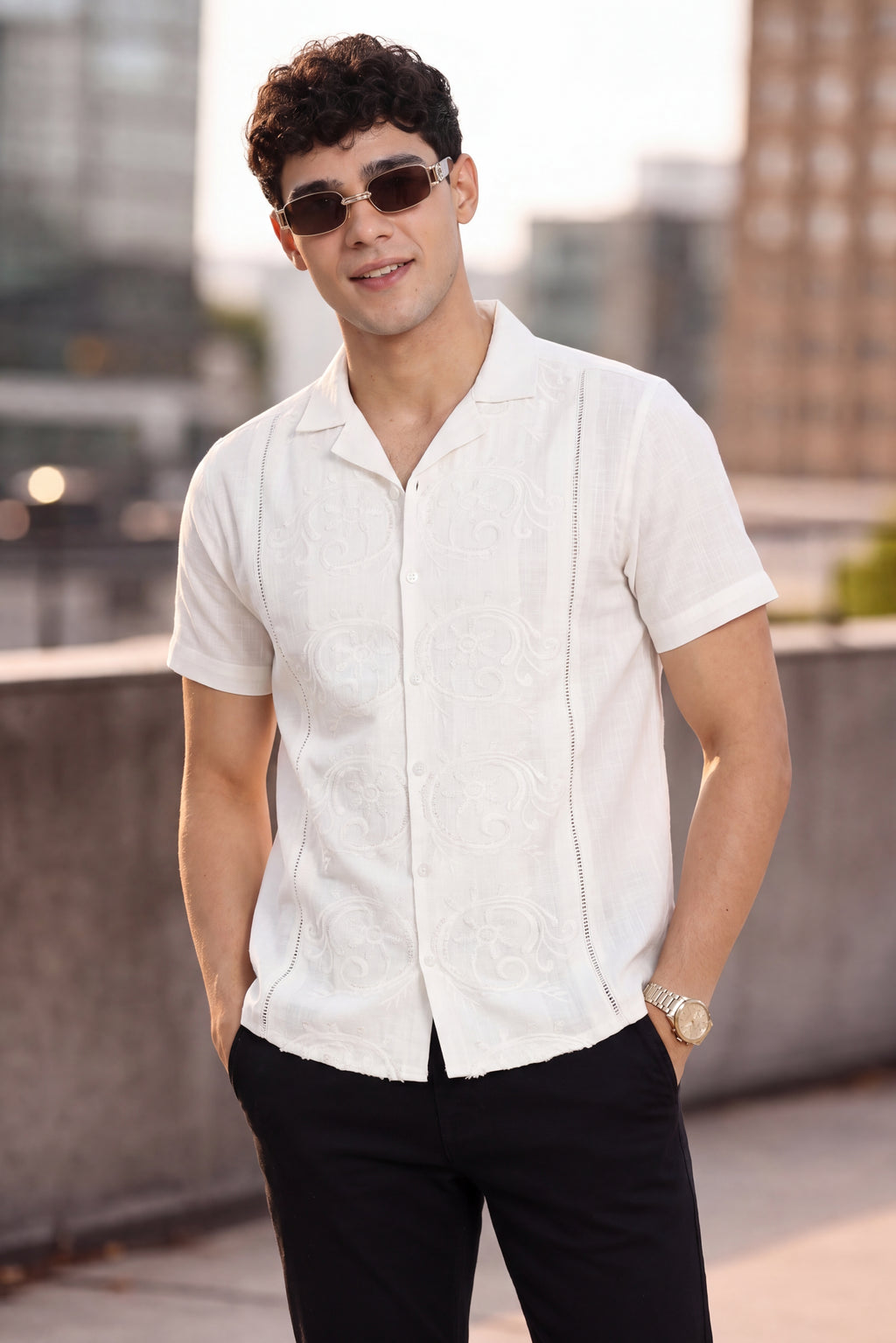 White Embroidered Regular Fit Shirt for Men - Image 1