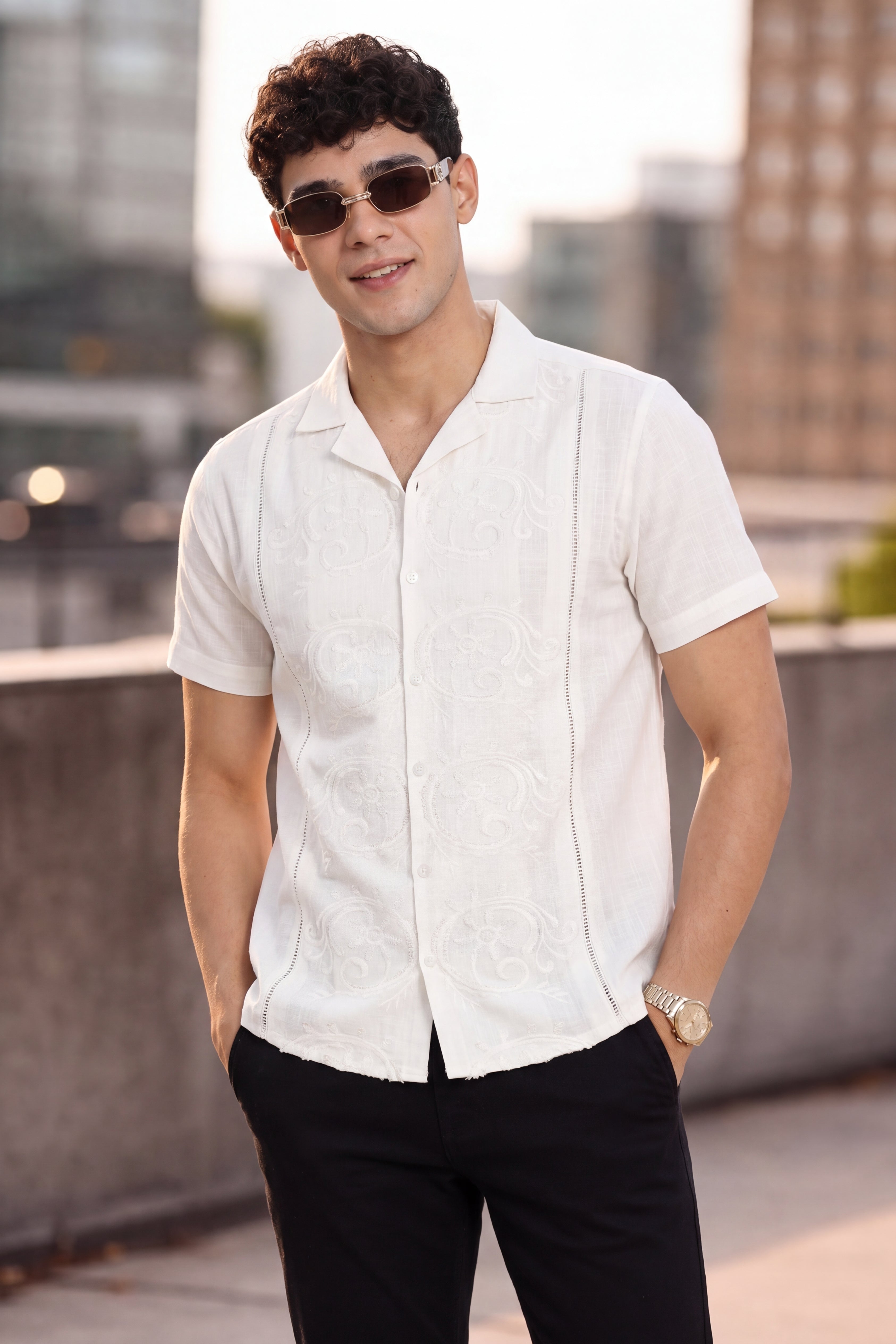 White Embroidered Regular Fit Shirt for Men - Image 1