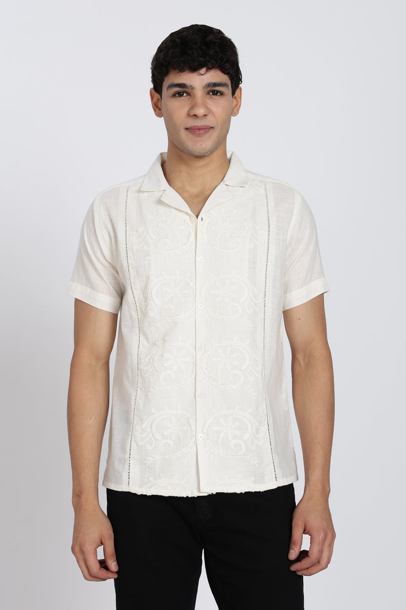 White Embroidered Regular Fit Shirt for Men - Image 2