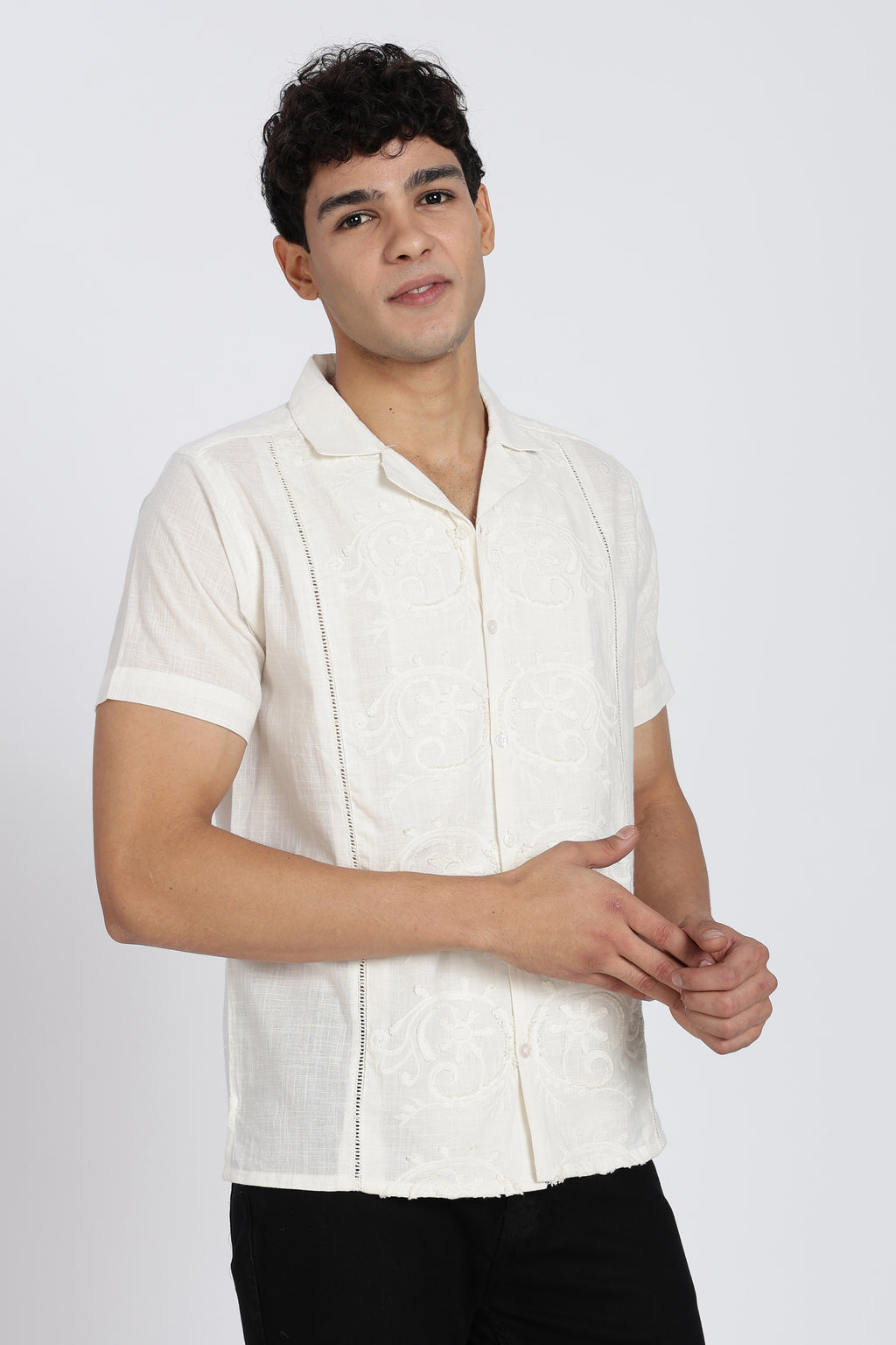 White Embroidered Regular Fit Shirt for Men - Image 4