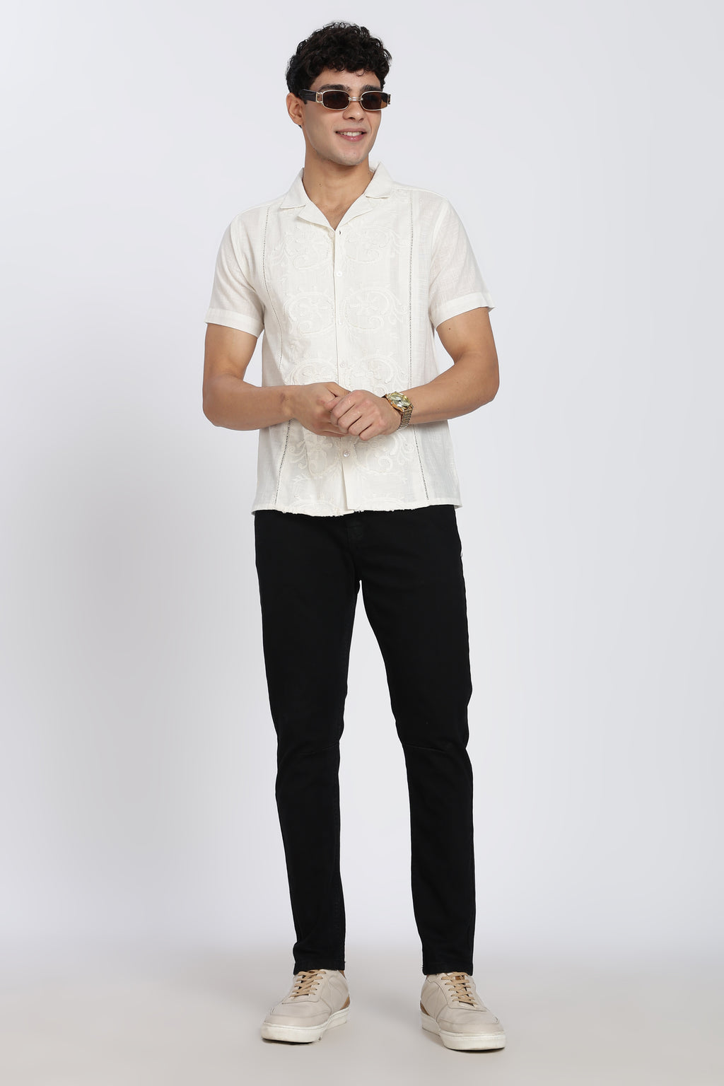 White Embroidered Regular Fit Shirt for Men - Image 6