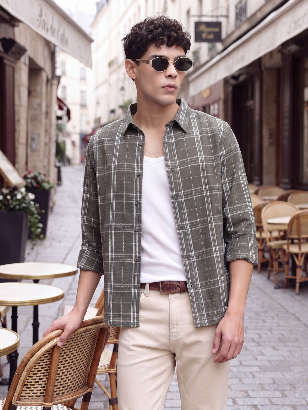 Olive Checked Regular Fit Shirt for Men - Image 1