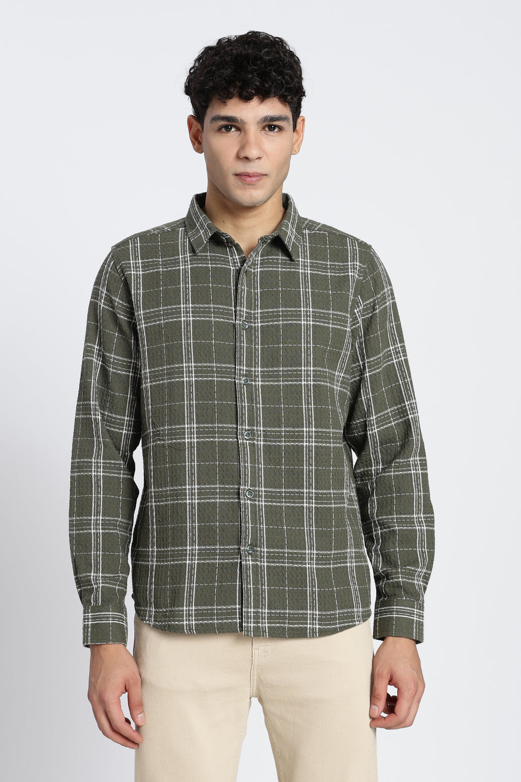 Olive Checked Regular Fit Shirt for Men - Image 2