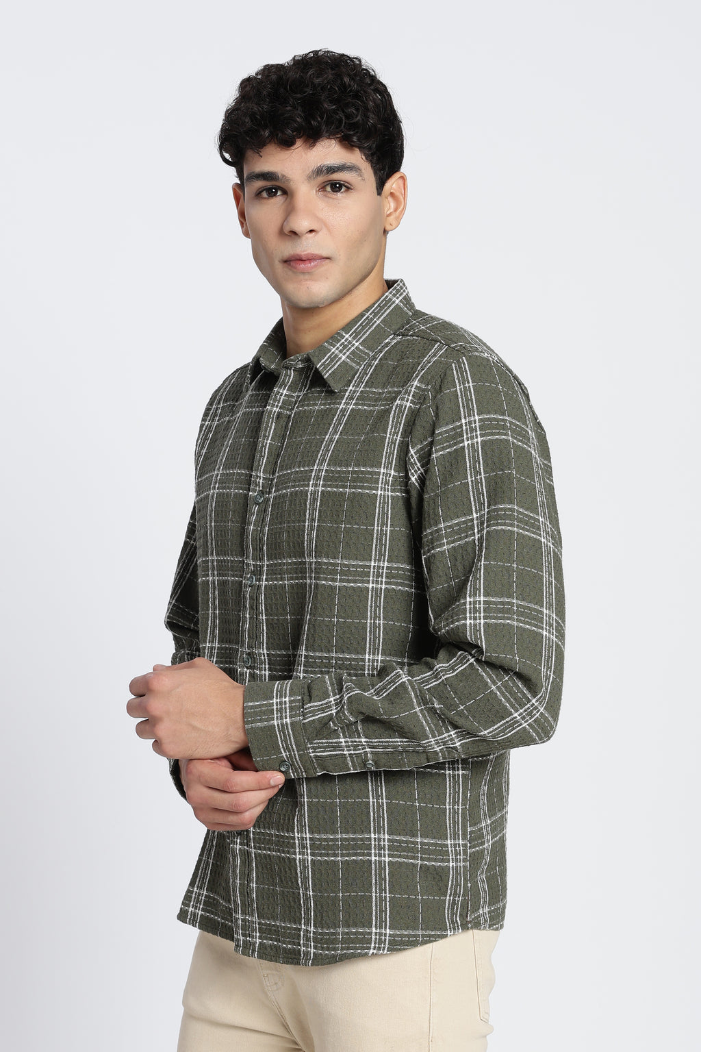 Olive Checked Regular Fit Shirt for Men - Image 4