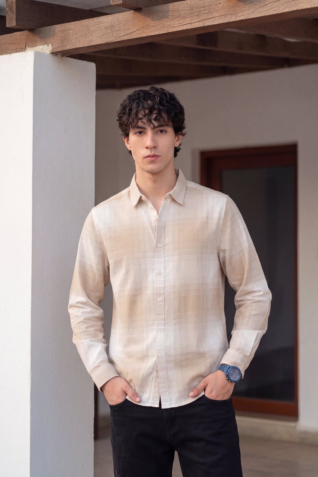 Beige Cotton Regular Fit Shirt For Men - Image 1