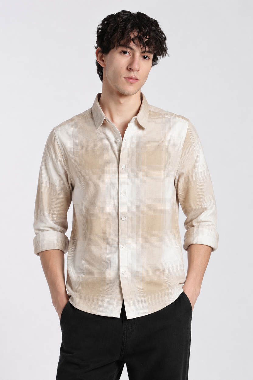 Beige Cotton Regular Fit Shirt For Men - Image 2