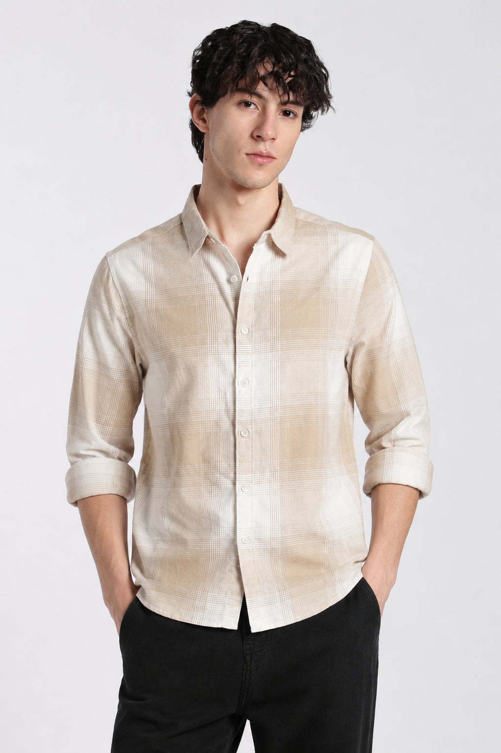 Beige Cotton Regular Fit Shirt For Men - Image 2