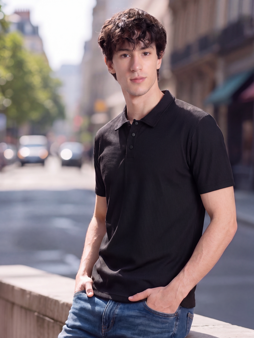 Black Textured Regular Fit Polo T-Shirt For Men - Image 1
