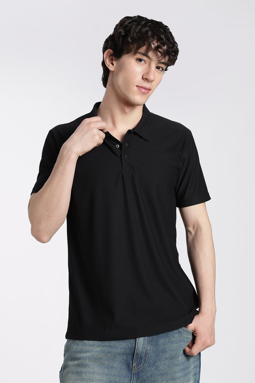 Black Textured Regular Fit Polo T-Shirt For Men - Image 2