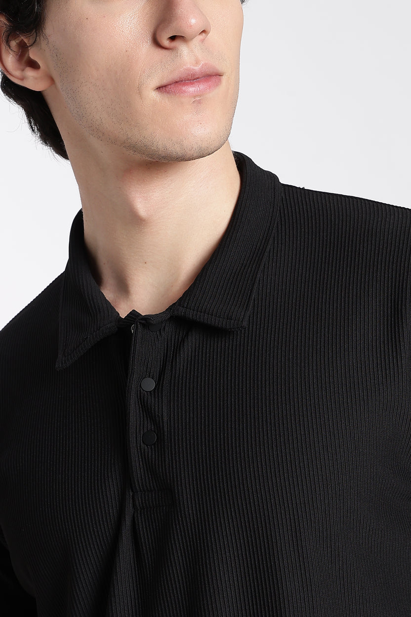 Black Textured Regular Fit Polo T-Shirt For Men - Image 3