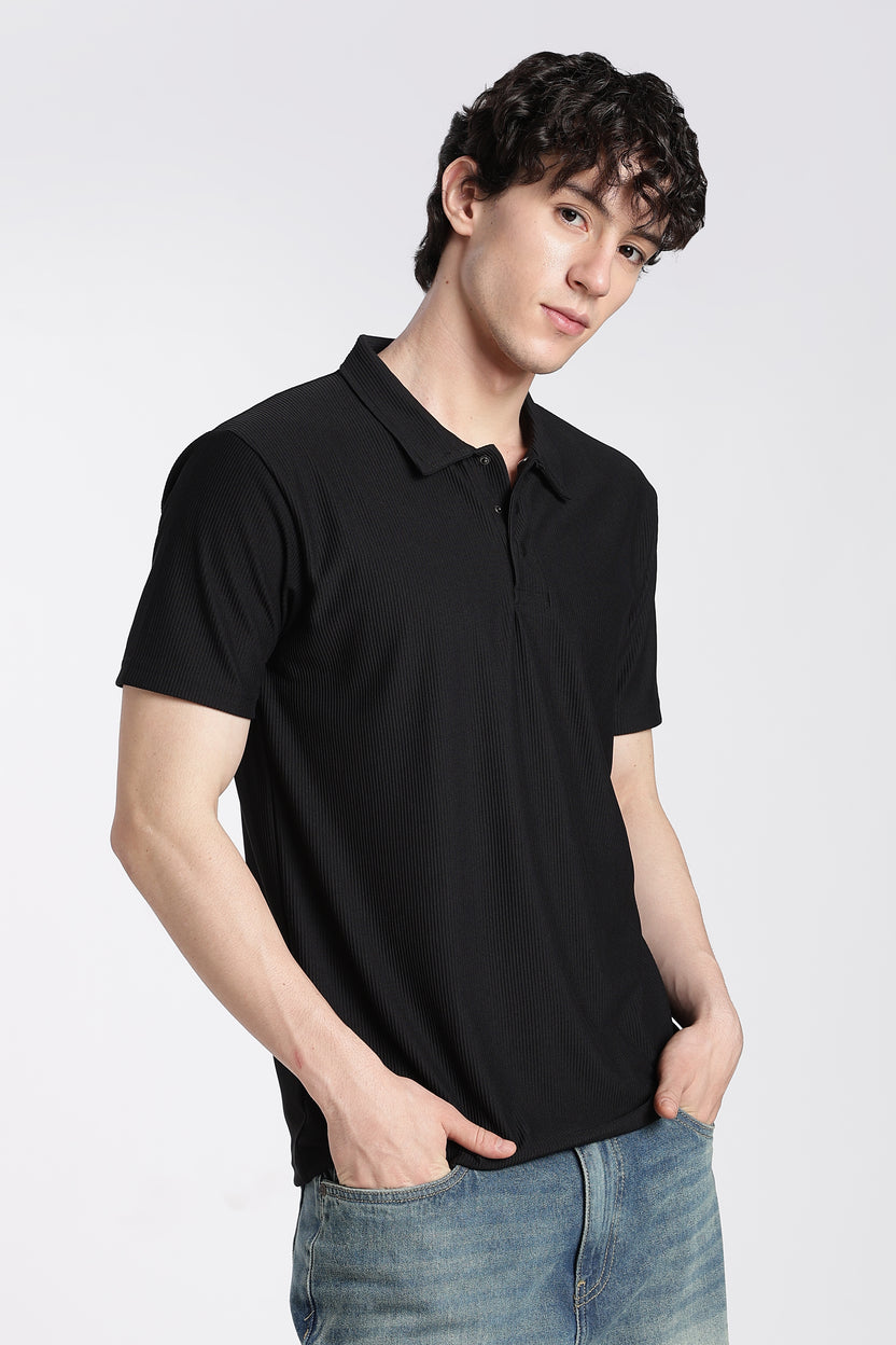 Black Textured Regular Fit Polo T-Shirt For Men - Image 4