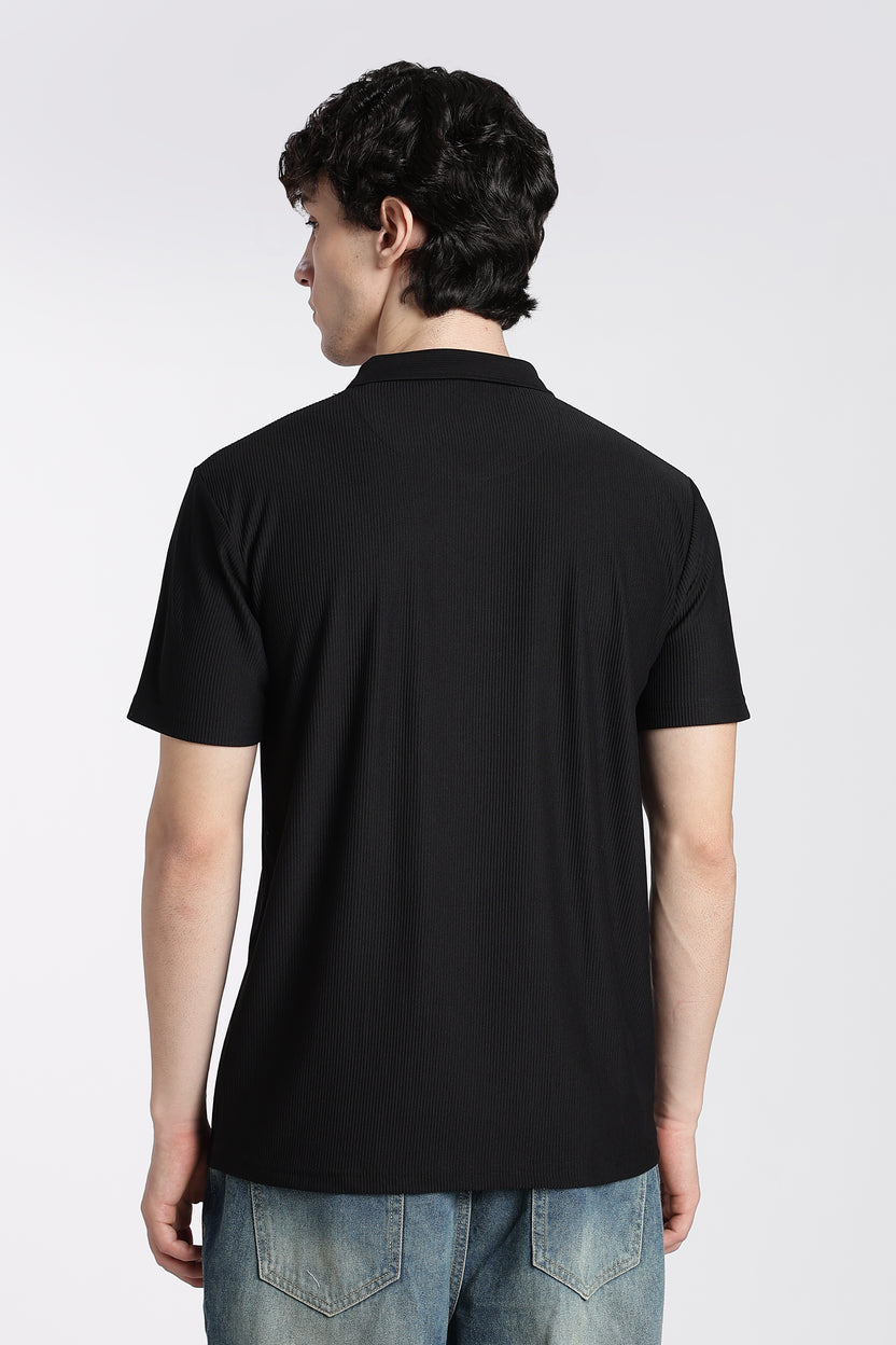 Black Textured Regular Fit Polo T-Shirt For Men - Image 5