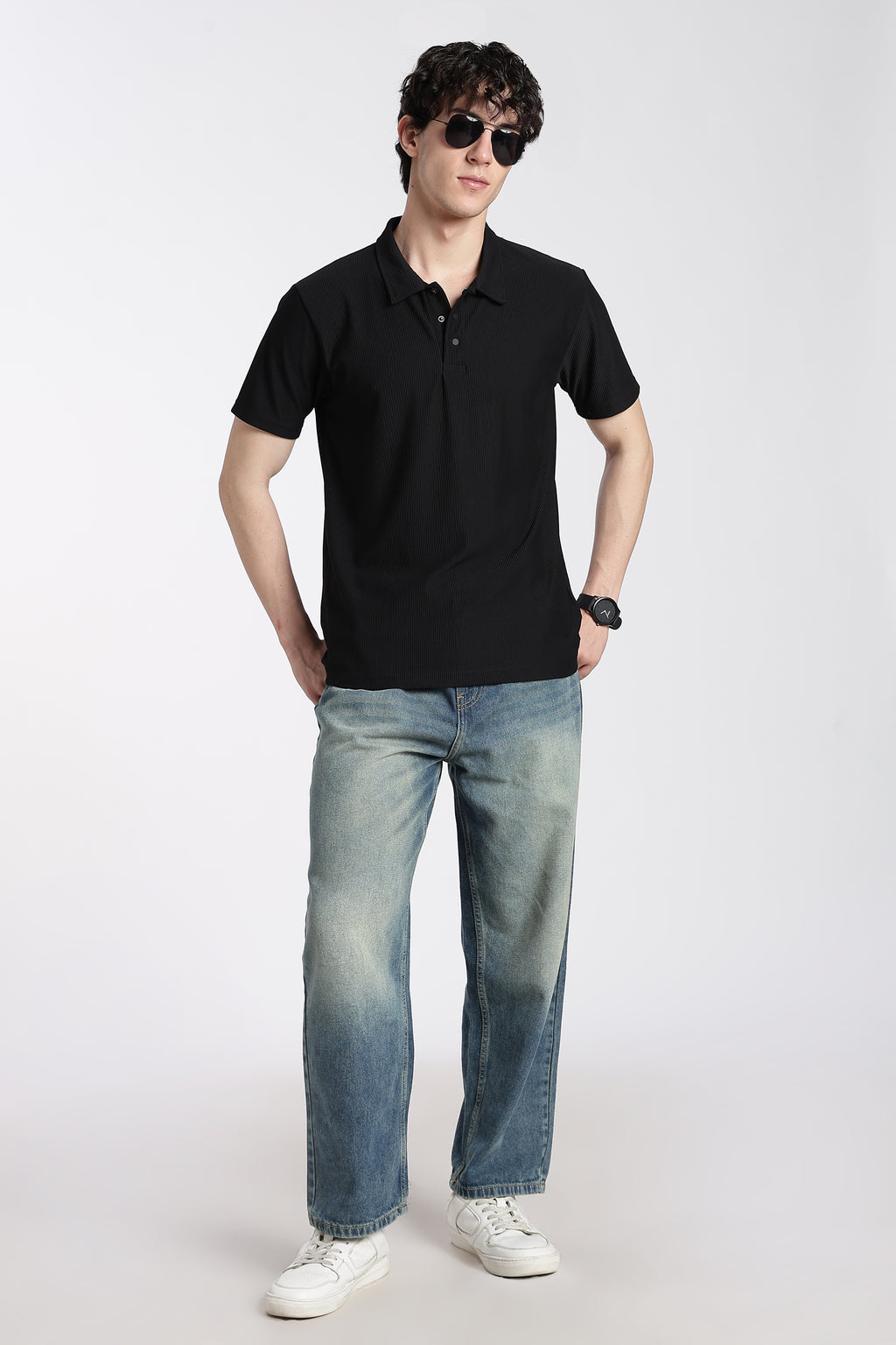 Black Textured Regular Fit Polo T-Shirt For Men - Image 6