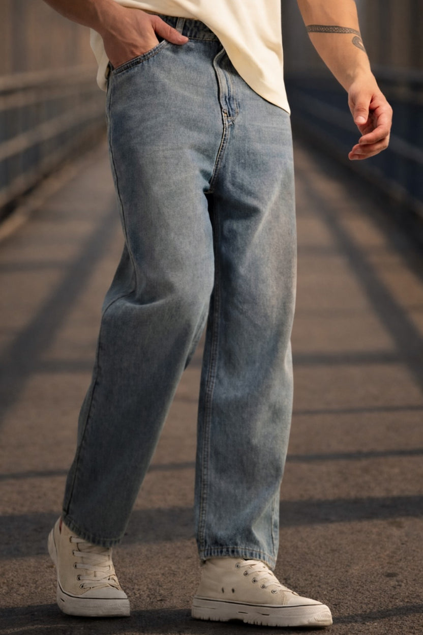 Blue Solid Baggy Fit Jeans For Men - Image 1