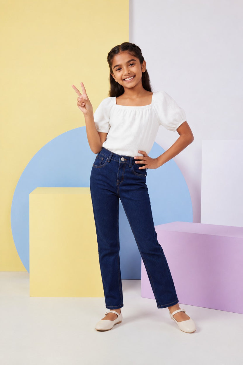 Navy Solid Regular Fit Jeans for Tweens Girls - Image 1