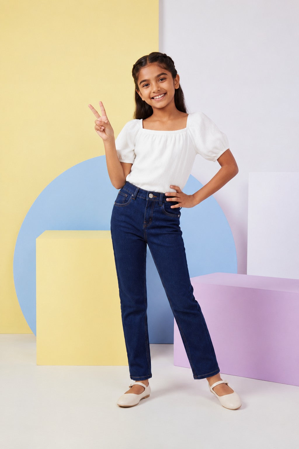 Navy Solid Regular Fit Jeans for Tweens Girls - Image 1