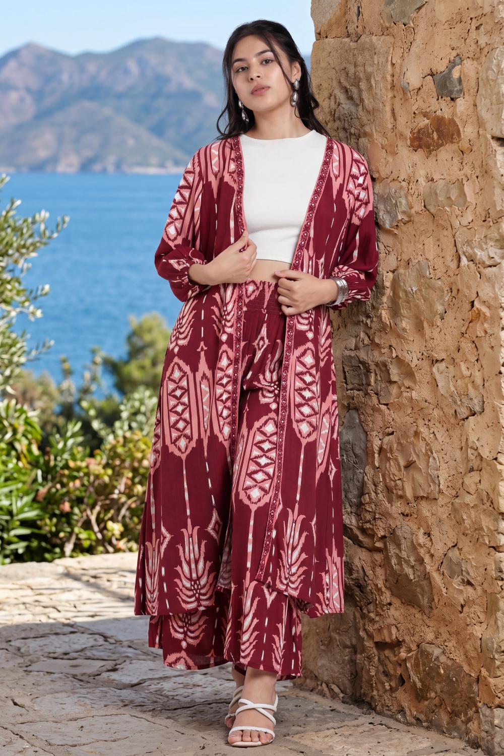 Maroon Peasant Sleeves Regular Fit Shrug for Women - Image 1
