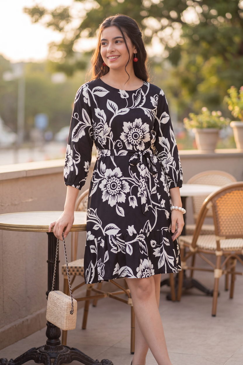 Black Floral Regular Fit Dress For Women - Image 1
