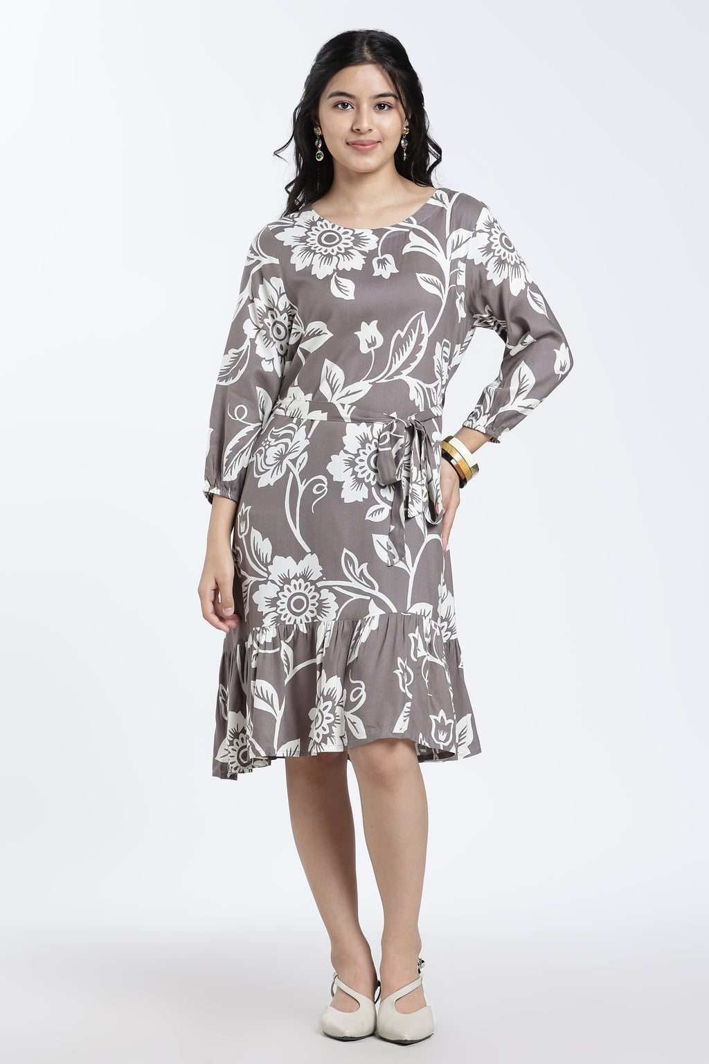 Grey Floral Regular Fit Dress for Women - Image 2
