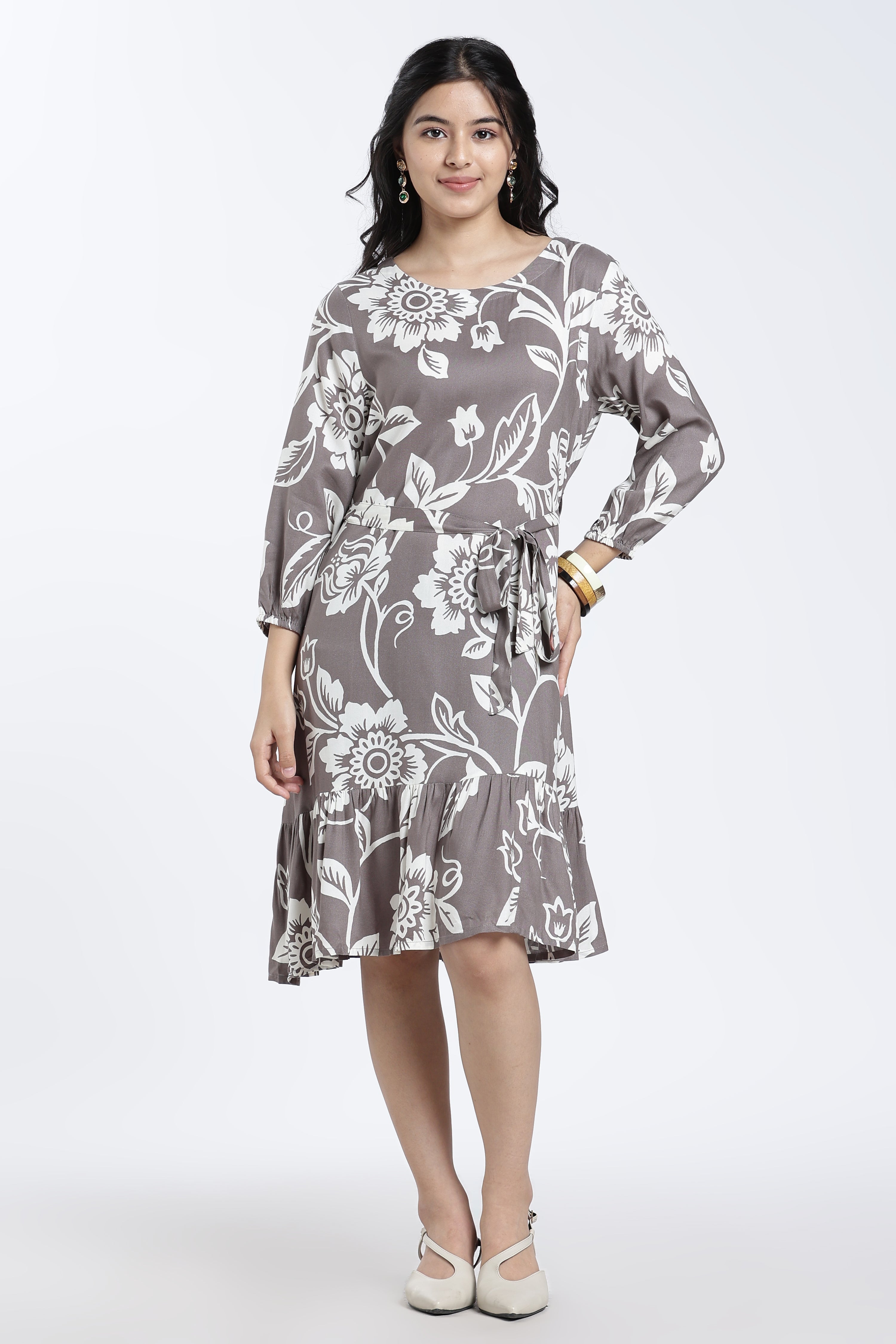 Grey Floral Regular Fit Dress for Women - Image 2