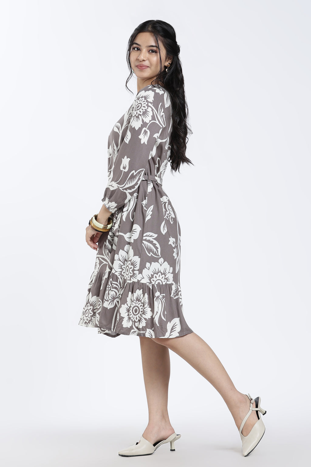 Grey Floral Regular Fit Dress for Women - Image 4
