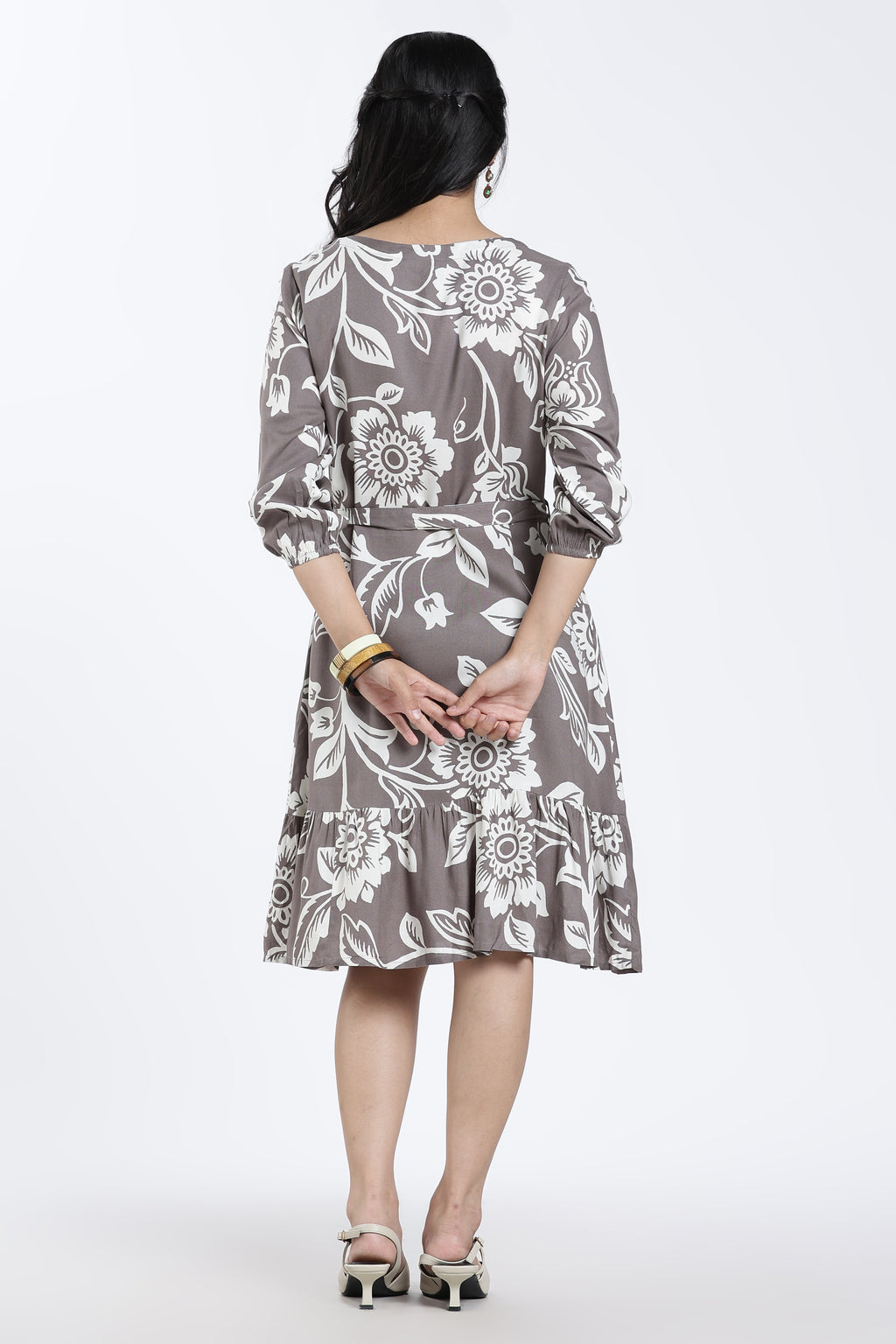 Grey Floral Regular Fit Dress for Women - Image 5