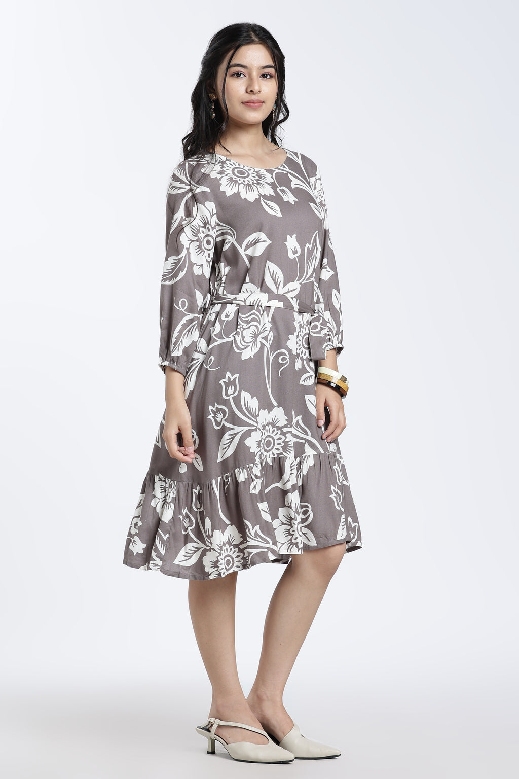 Grey Floral Regular Fit Dress for Women - Image 6