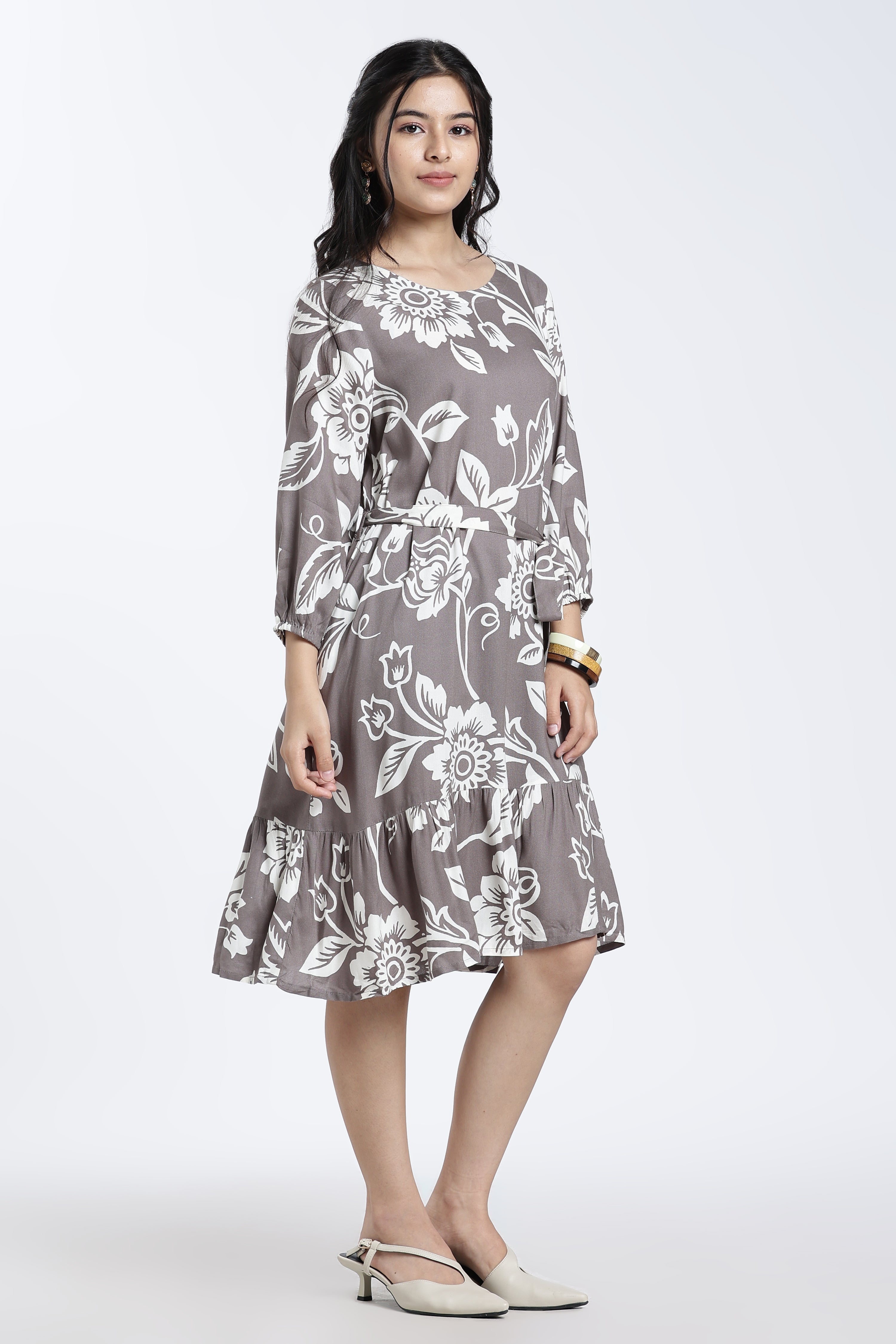 Grey Floral Regular Fit Dress for Women - Image 6