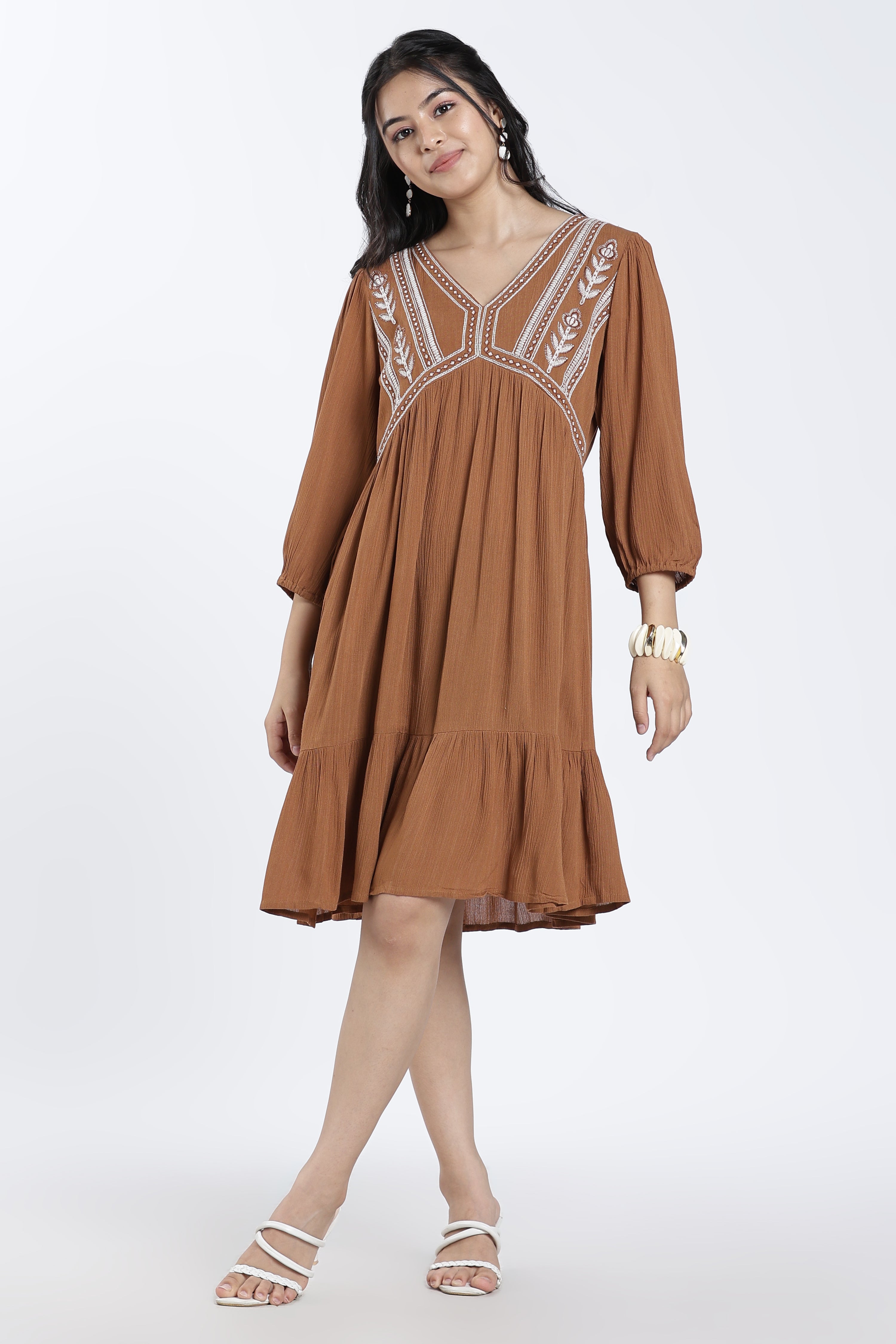 Brown Bishop Sleeves Regular Fit Dress for Women - Image 2