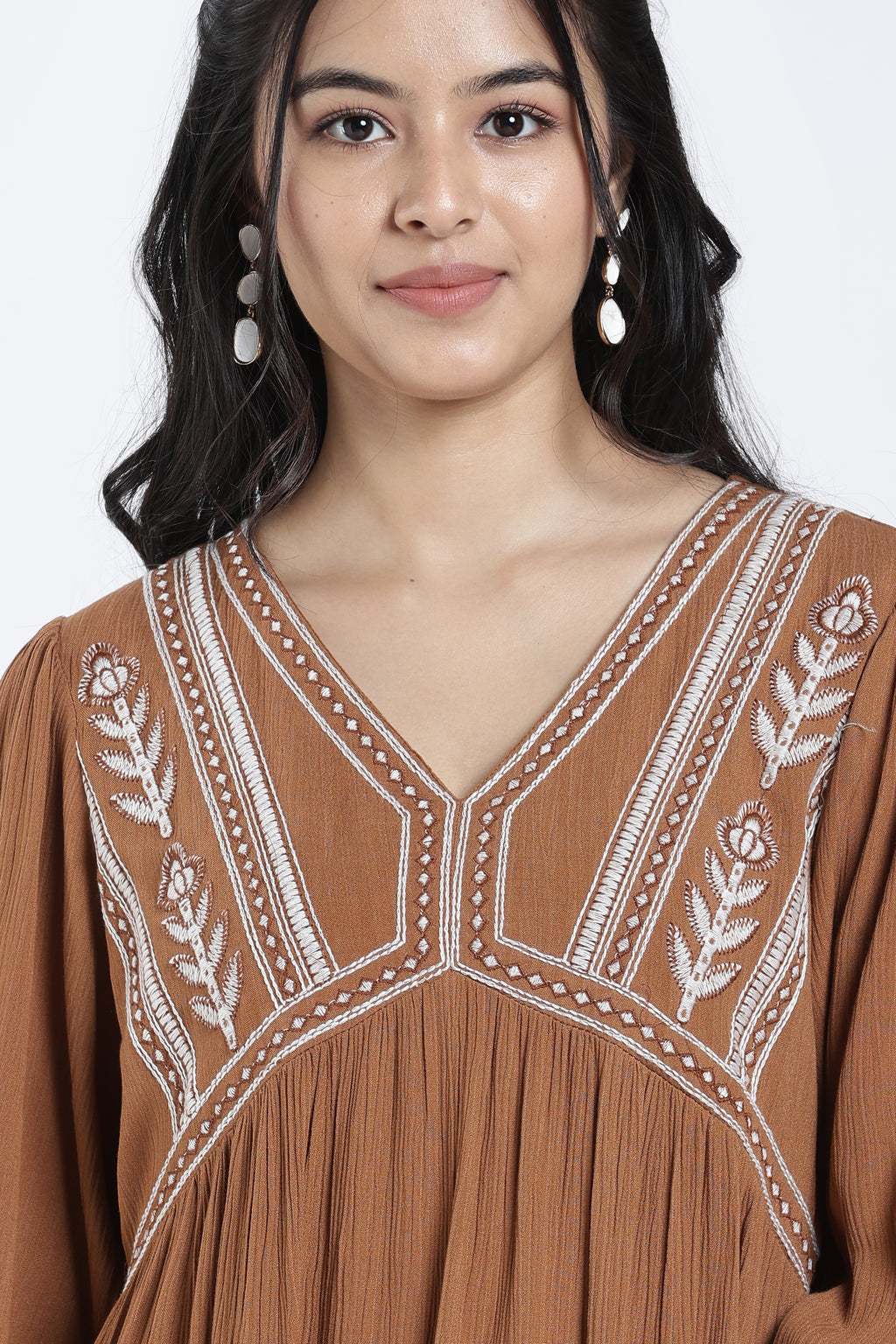 Brown Bishop Sleeves Regular Fit Dress for Women - Image 3
