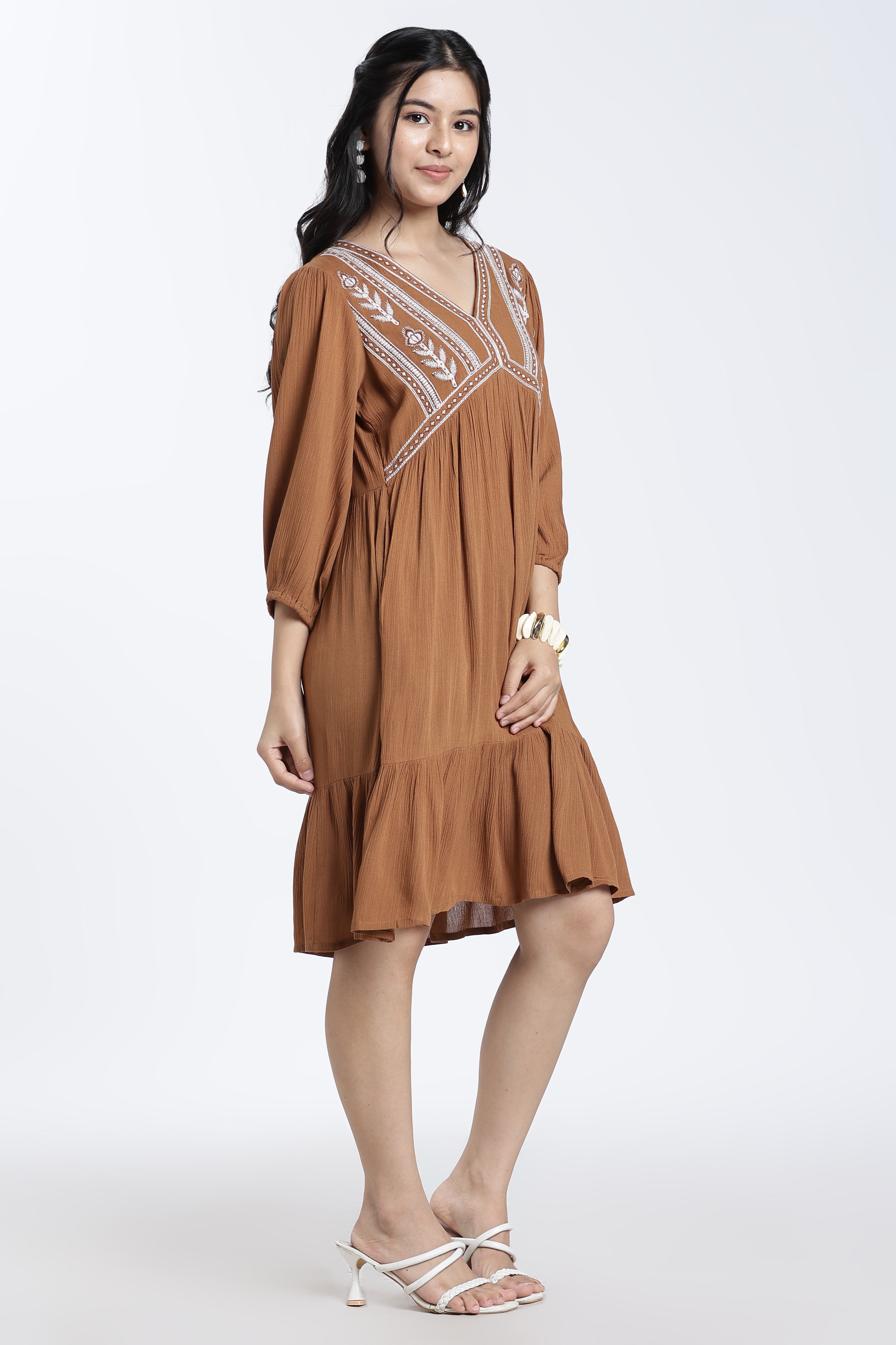 Brown Bishop Sleeves Regular Fit Dress for Women - Image 4